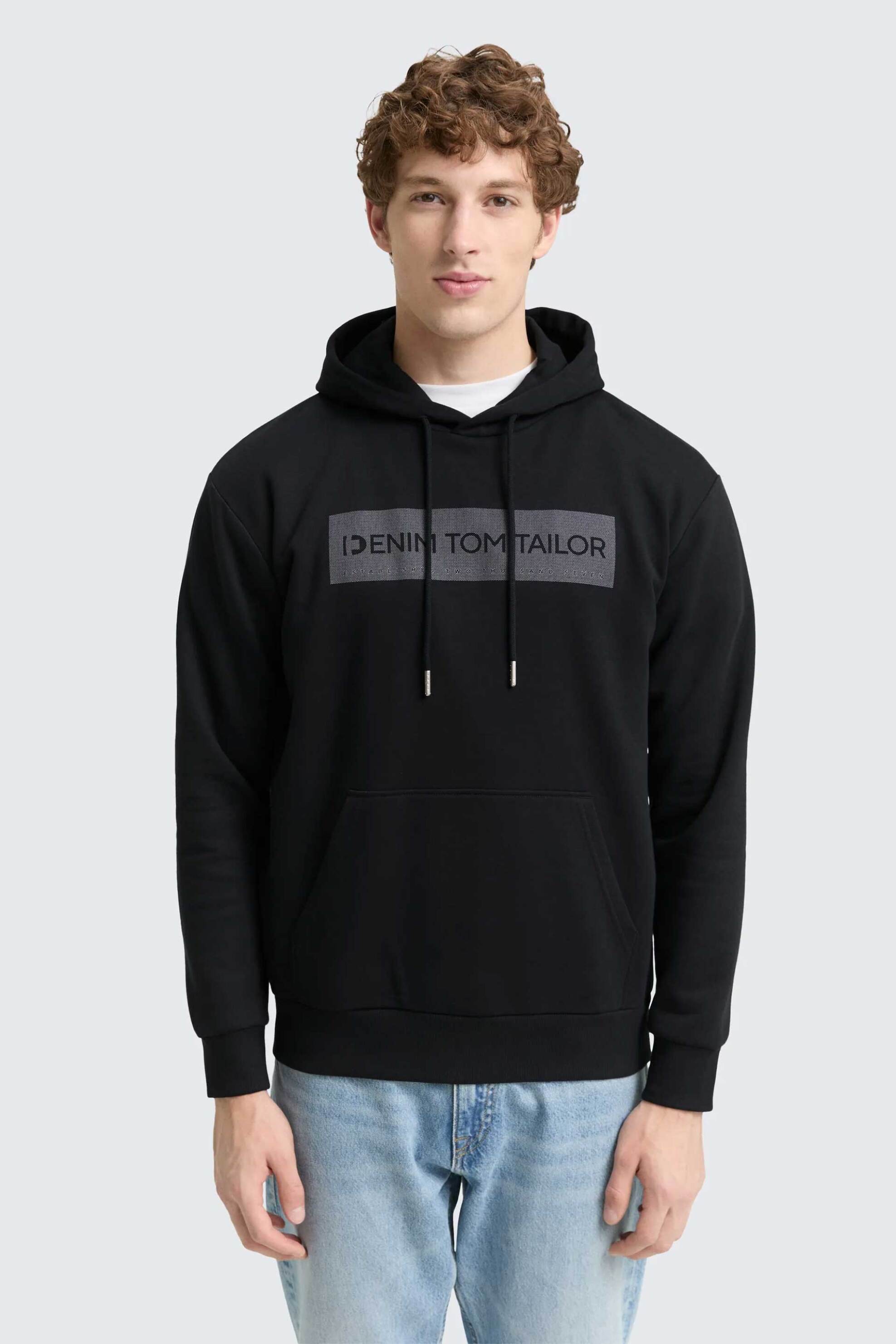Tom Tailor ανδρική μπλούζα φούτερ με λογότυπο στο στήθος και κουκούλα Basic Fit - 1047942 Μαύρο