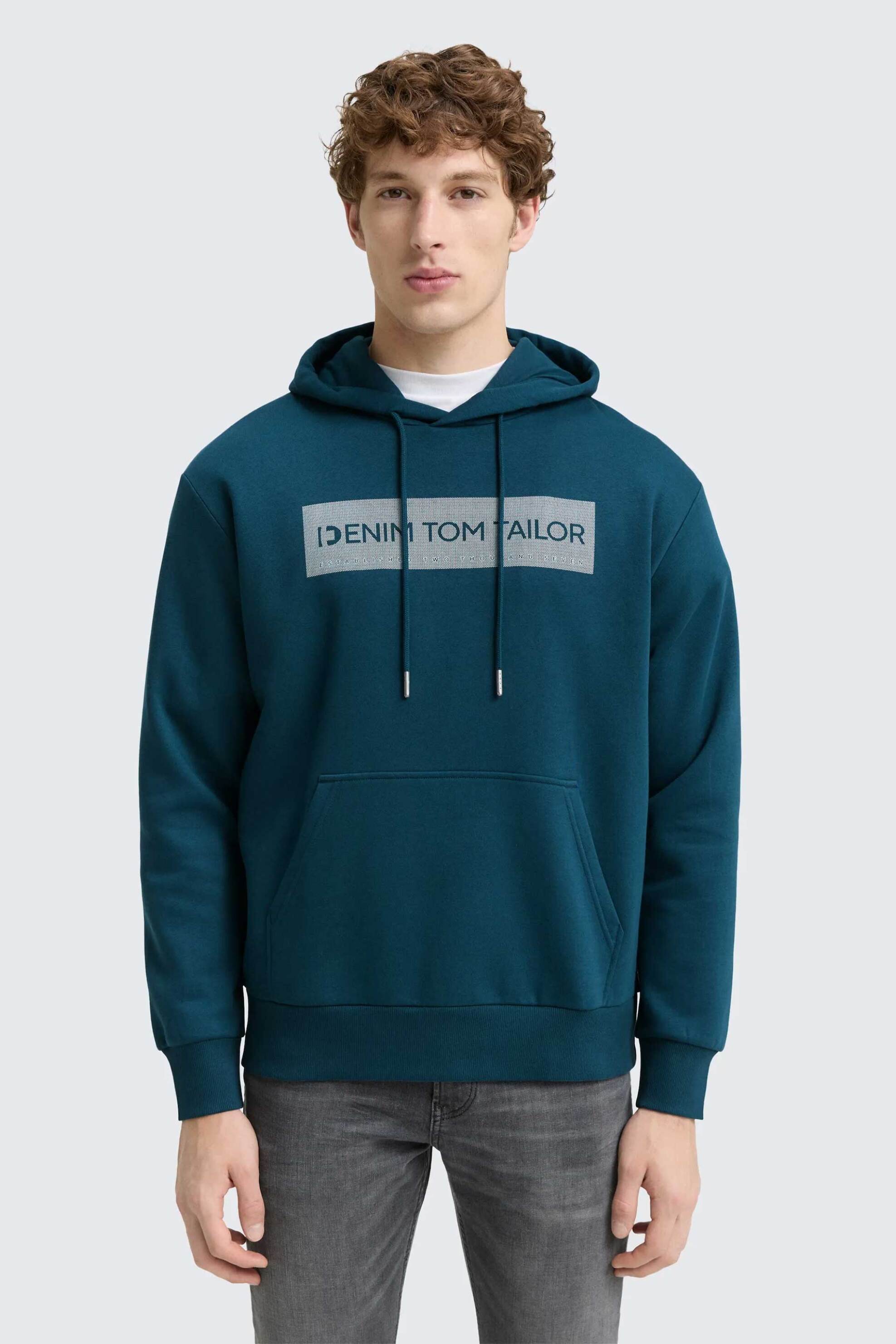 Tom Tailor ανδρική μπλούζα φούτερ με λογότυπο στο στήθος και κουκούλα Basic Fit - 1047942 Πετρόλ