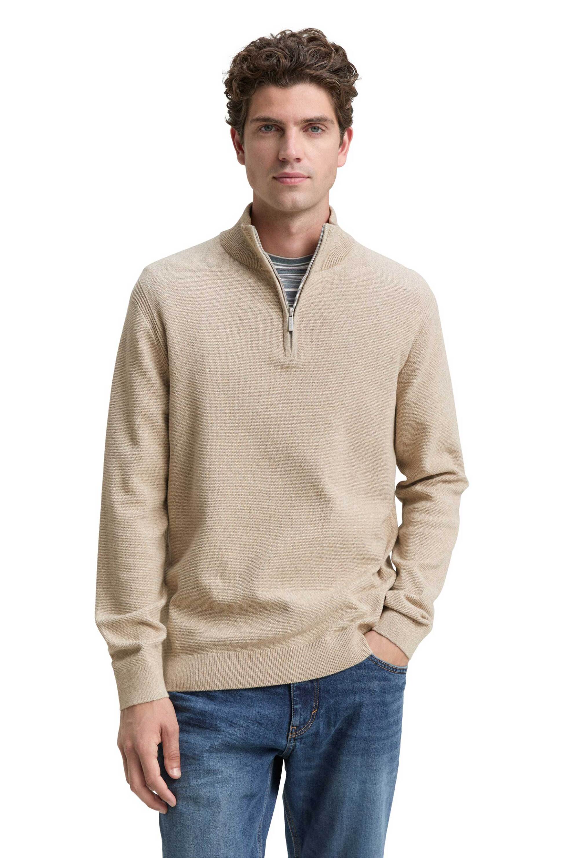 Tom Tailor ανδρικό πουλόβερ με ψηλό λαιμό και 1/2 φερμουάρ - 1048014 Μπεζ