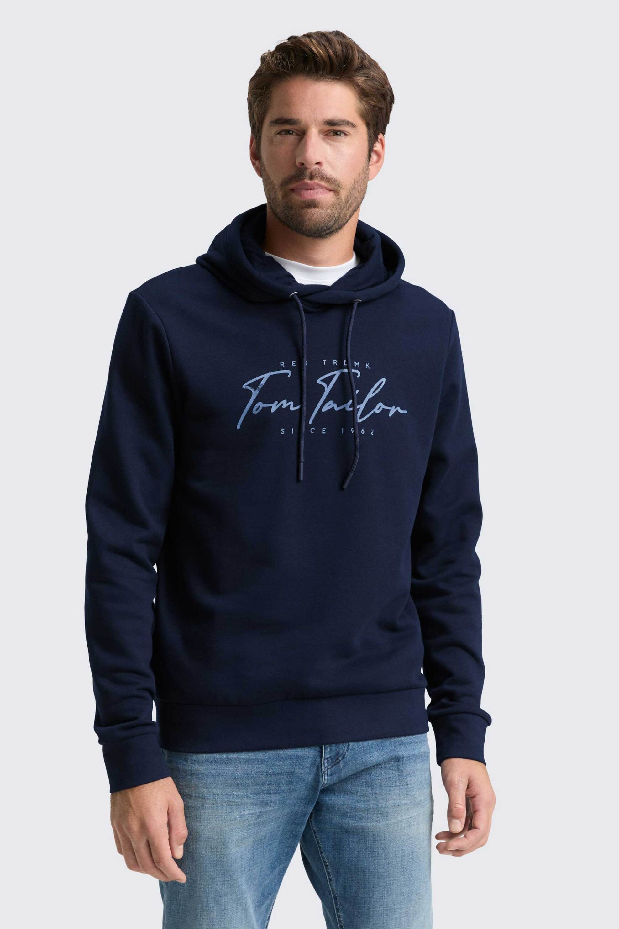 Tom Tailor ανδρική μπλούζα φούτερ με λογότυπο στο στήθος και κουκούλα Regular Fit - 1047825 Μπλε Σκούρο