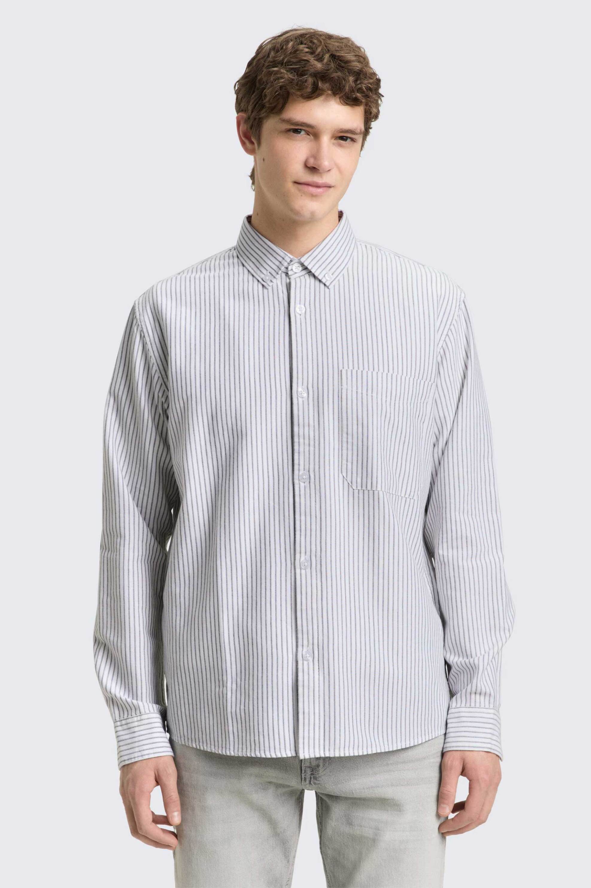 Tom Tailor ανδρικό πουκάμισο button down με ριγέ σχέδιο και τσέπη Relaxed Fit - 1049377 Λευκό