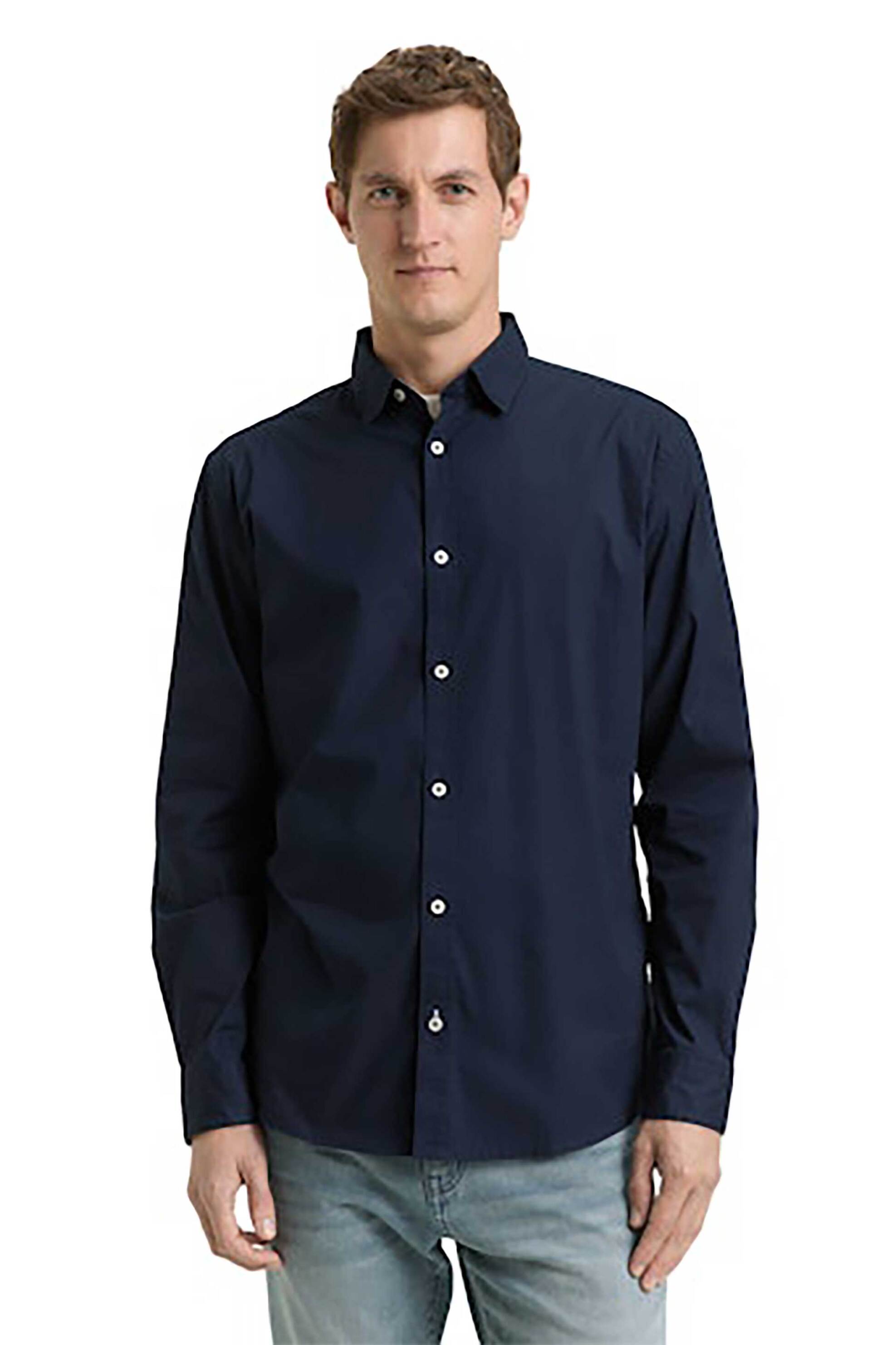 Tom Tailor ανδρικό πουκάμισο poplin μονόχρωμο Regular Fit - 1048449 Μπλε Σκούρο