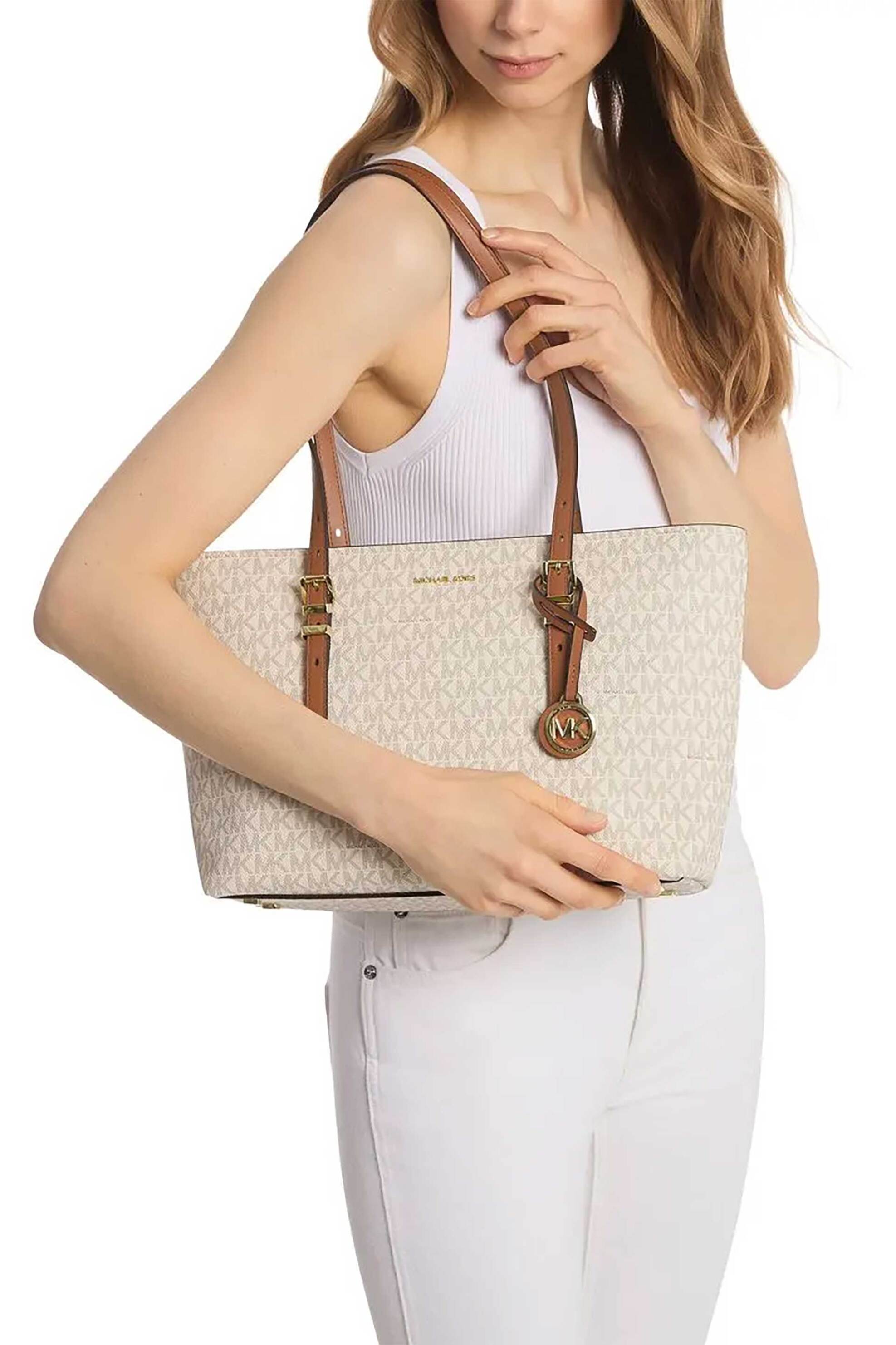 Michael Kors Γυναικεία Τσάντα Tote με All-Over Monogram Και Μεταλλικό Λογότυπο Quinn - 30T5Gqnt2B Εκρού