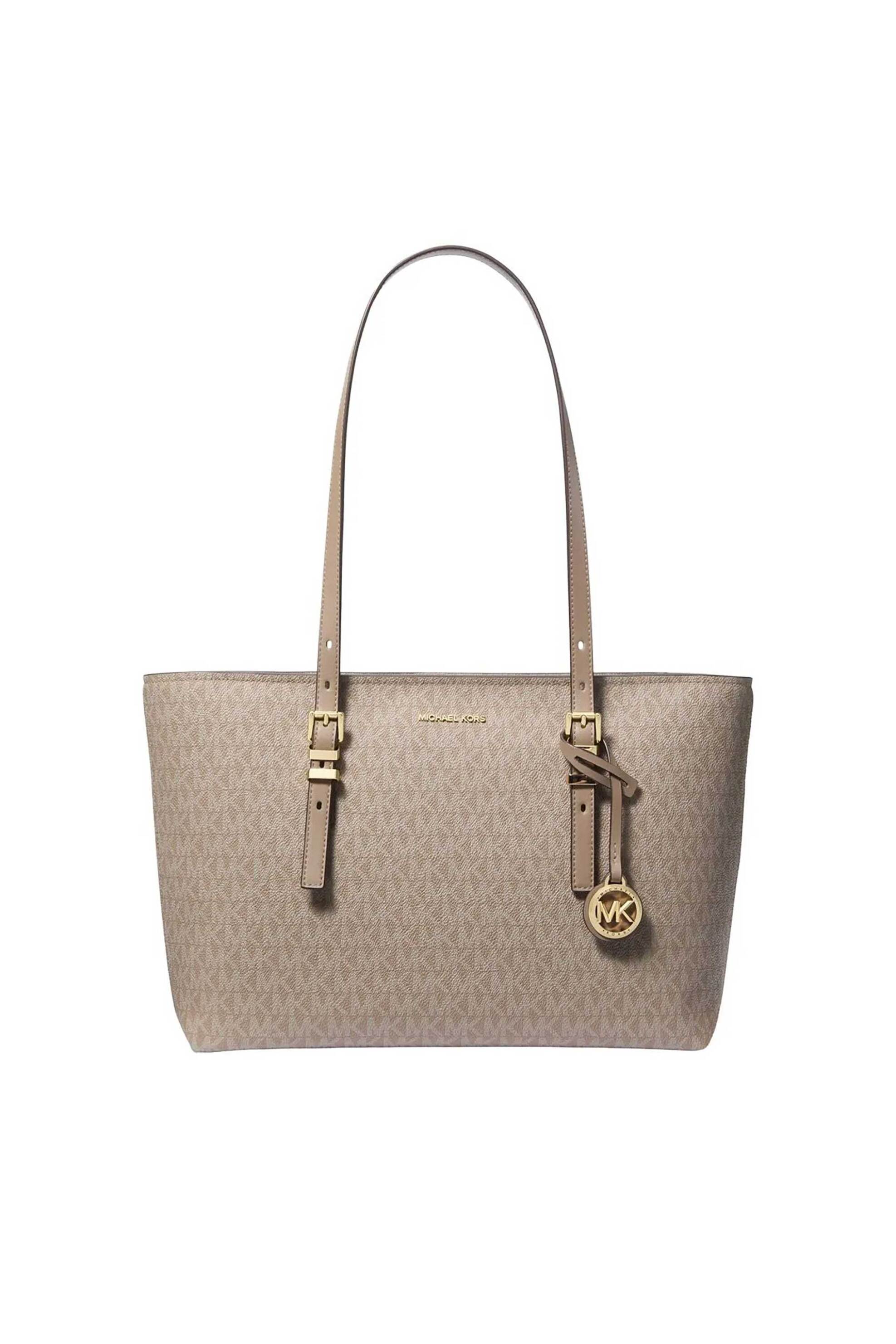 MICHAEL KORS Michael Kors γυναικεία δερμάτινη τσάντα tote με all-over monogram και μεταλλικό λογότυπο "Quinn" - 30T5GQNT2V Γκρι