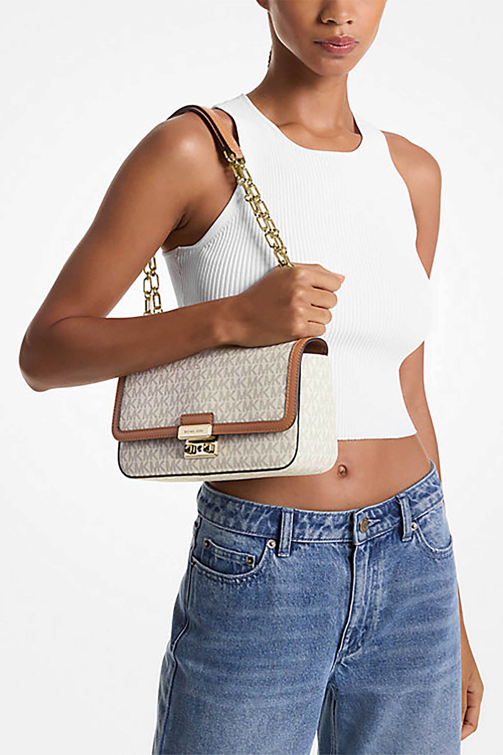 Michael Kors Γυναικεία Τσάντα Ώμου με All-Over Monogram Tribeca - 30R5G2Rl7B Κρέμ