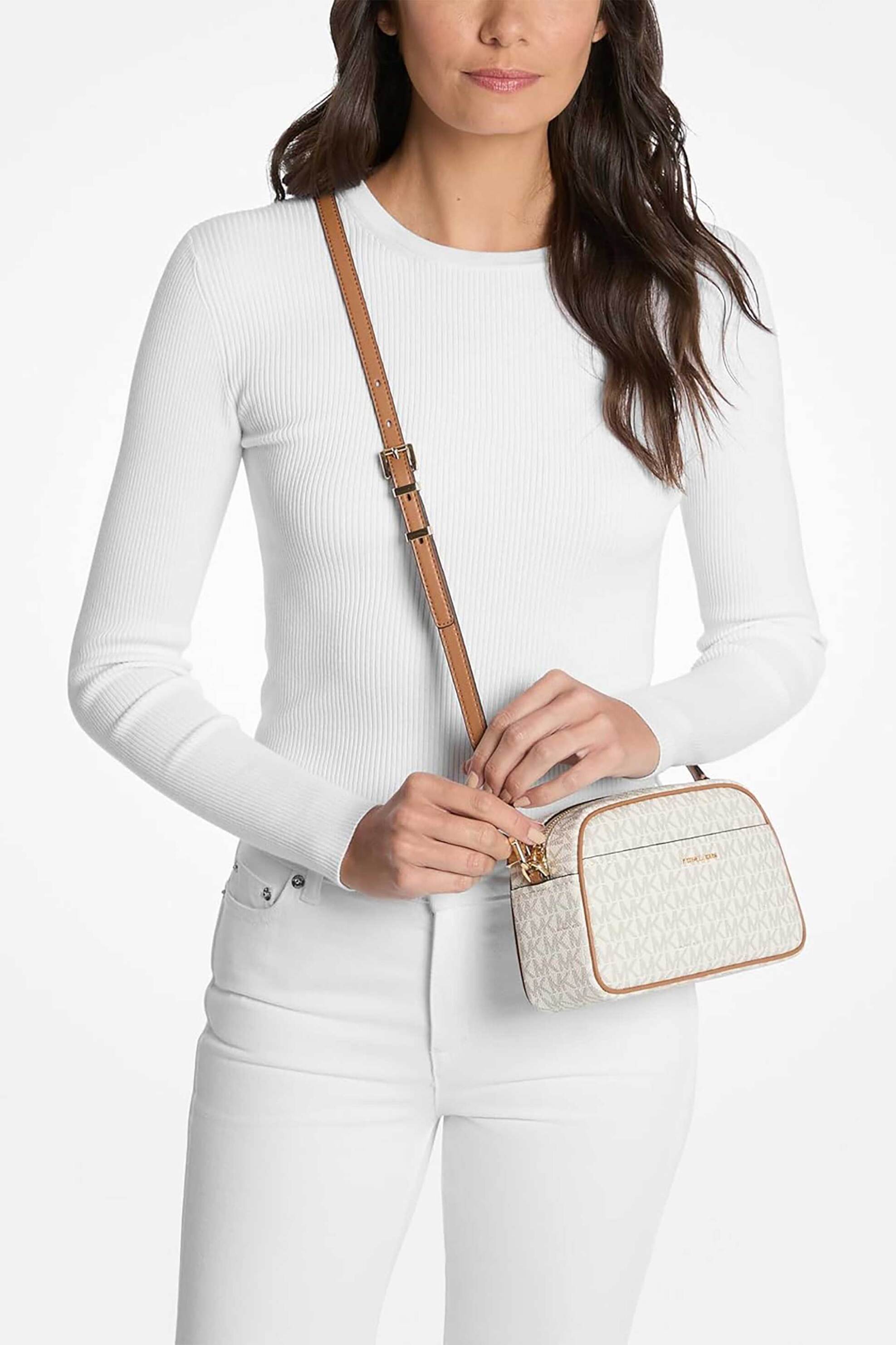 Michael Kors Γυναικεία Τσάντα Crossbody με All-Over Monogram Και Μεταλλικό Λογότυπο Nessa - 32F5Gj6C5B Εκρού