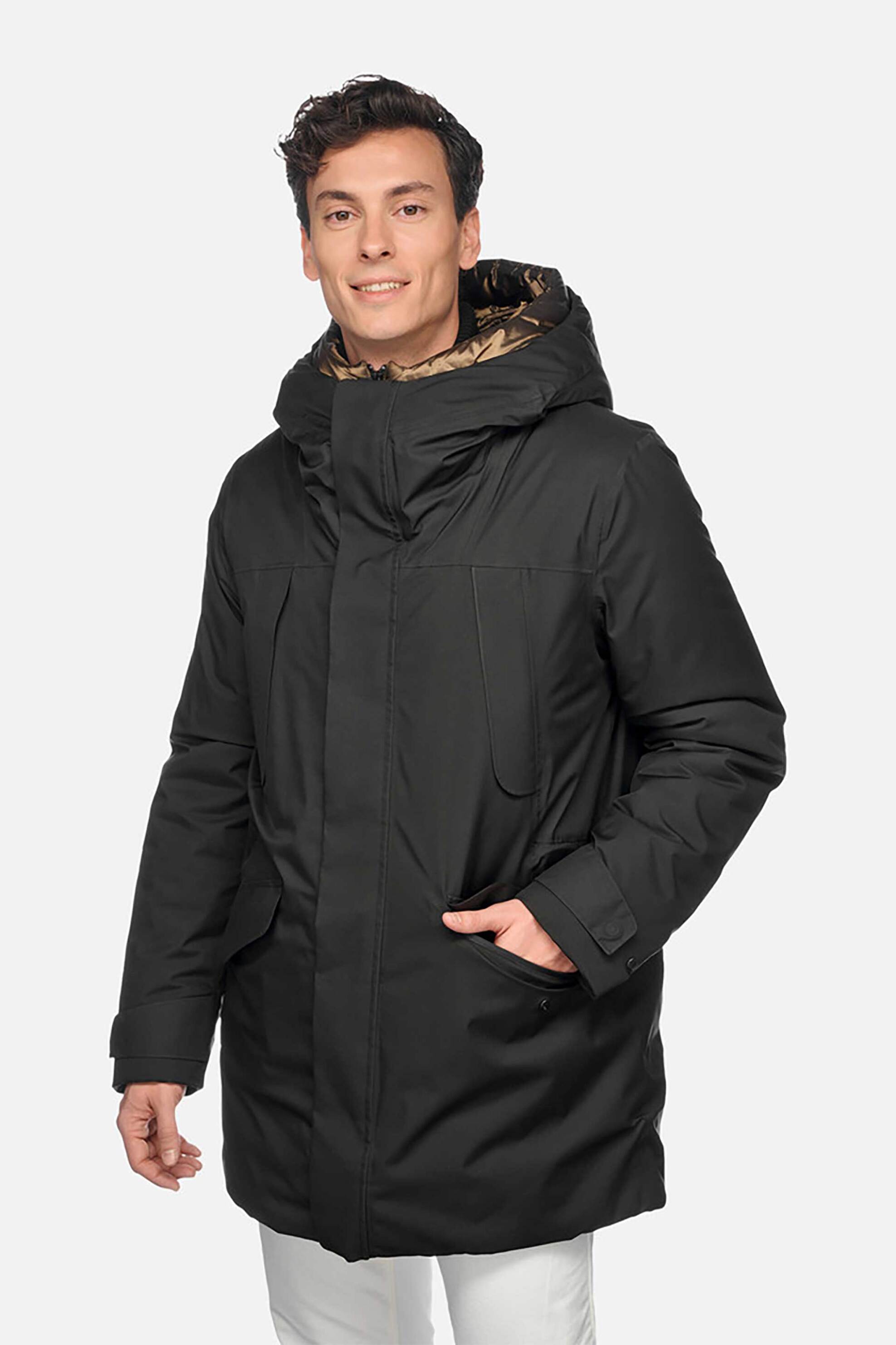 GEOX Geox ανδρικό αδιάβροχο μακρύ μπουφάν παρκά με κουκούλα και αποσπώμενη καπιτονέ επένδυση Regular Fit "Terrestre Abx" - M4621BT3149F9000 Μαύρο