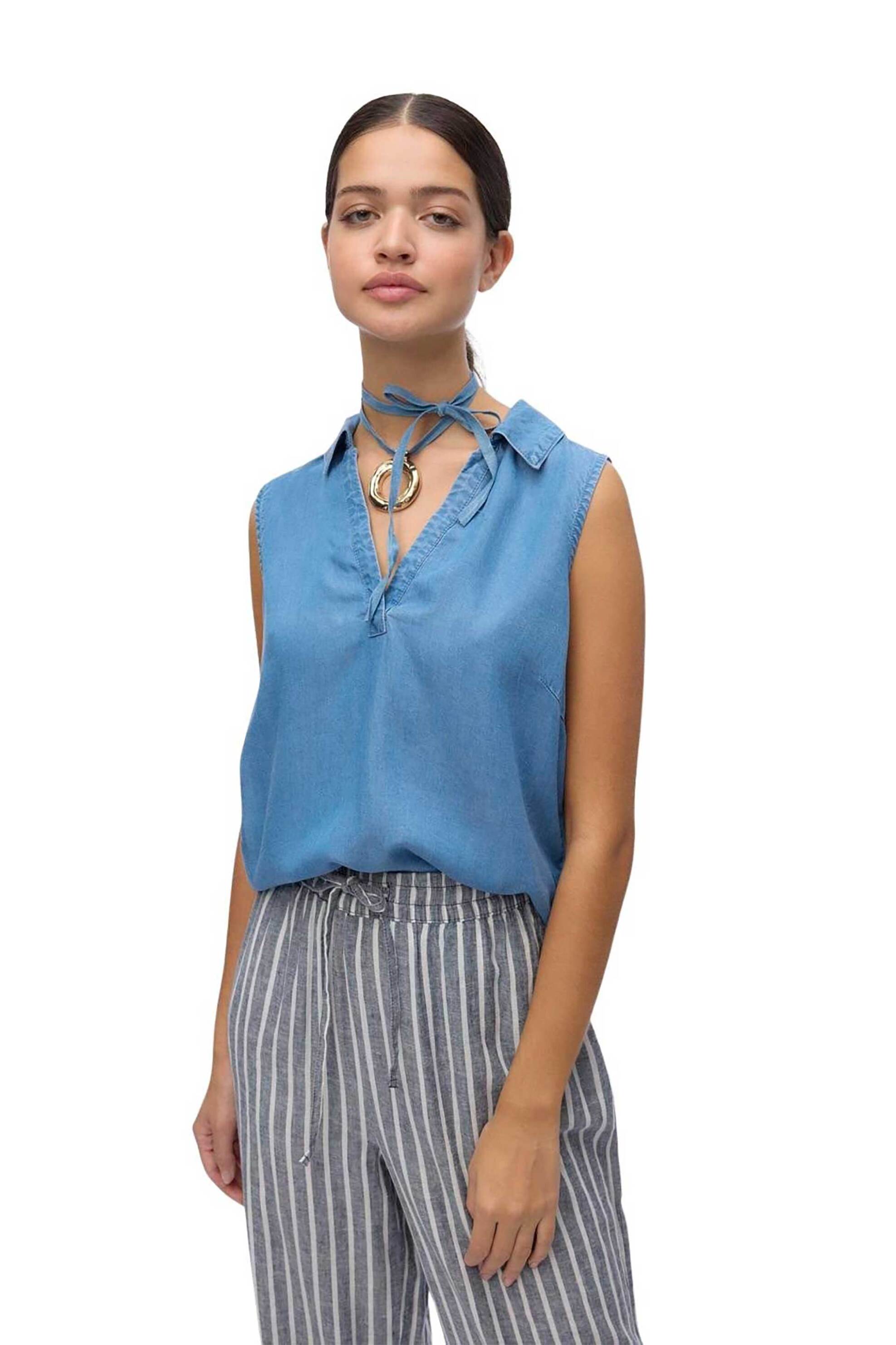 Vero Moda γυναικεία μπλούζα αμάνικη denim με V λαιμόκοψη Regular Fit - 10283751 Denim Blue
