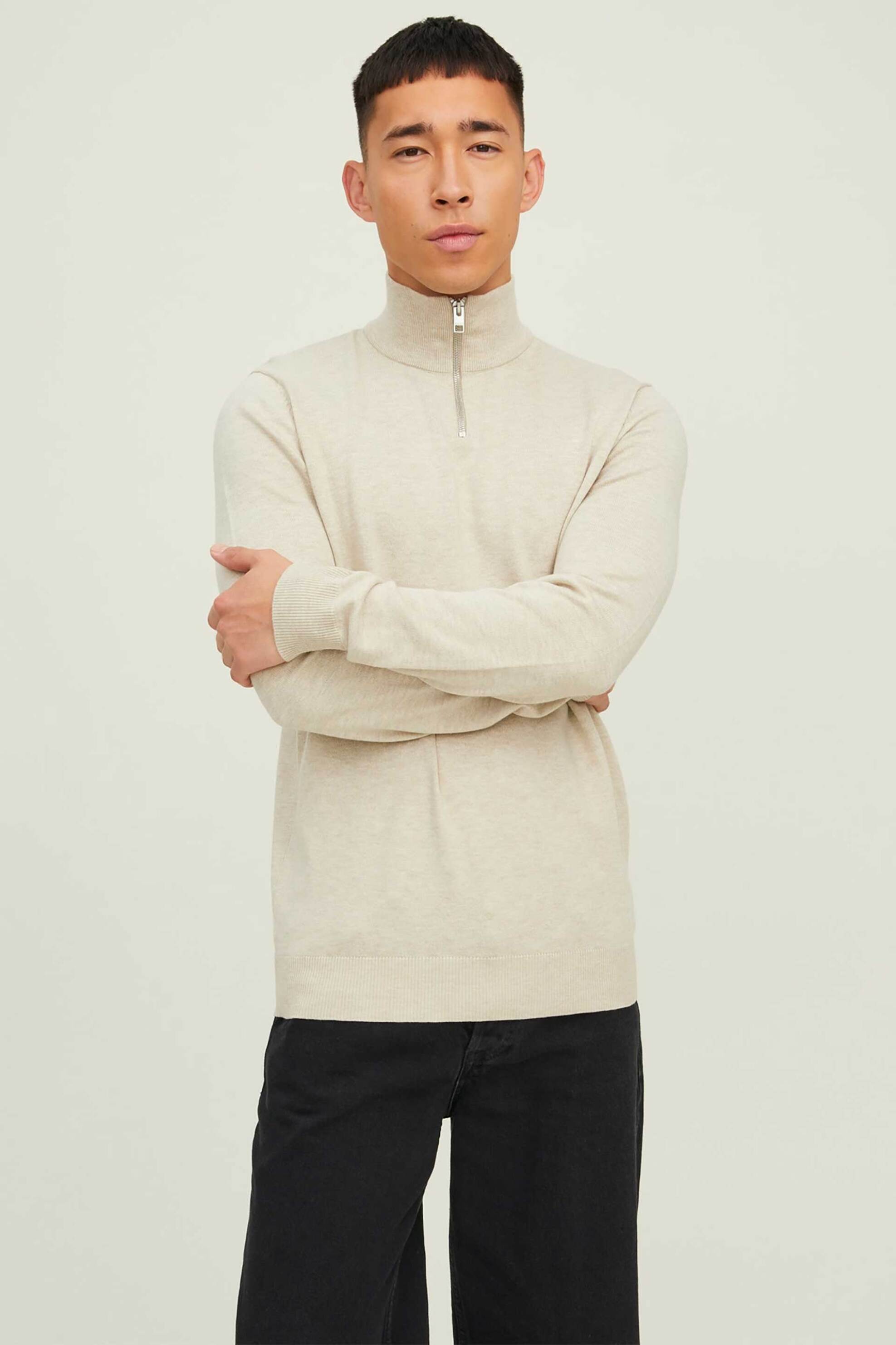 JACK & JONES ανδρικό πουλόβερ μονόχρωμο με ψηλό λαιμό και φερμουάρ 3/4 - 12189339 Μπεζ