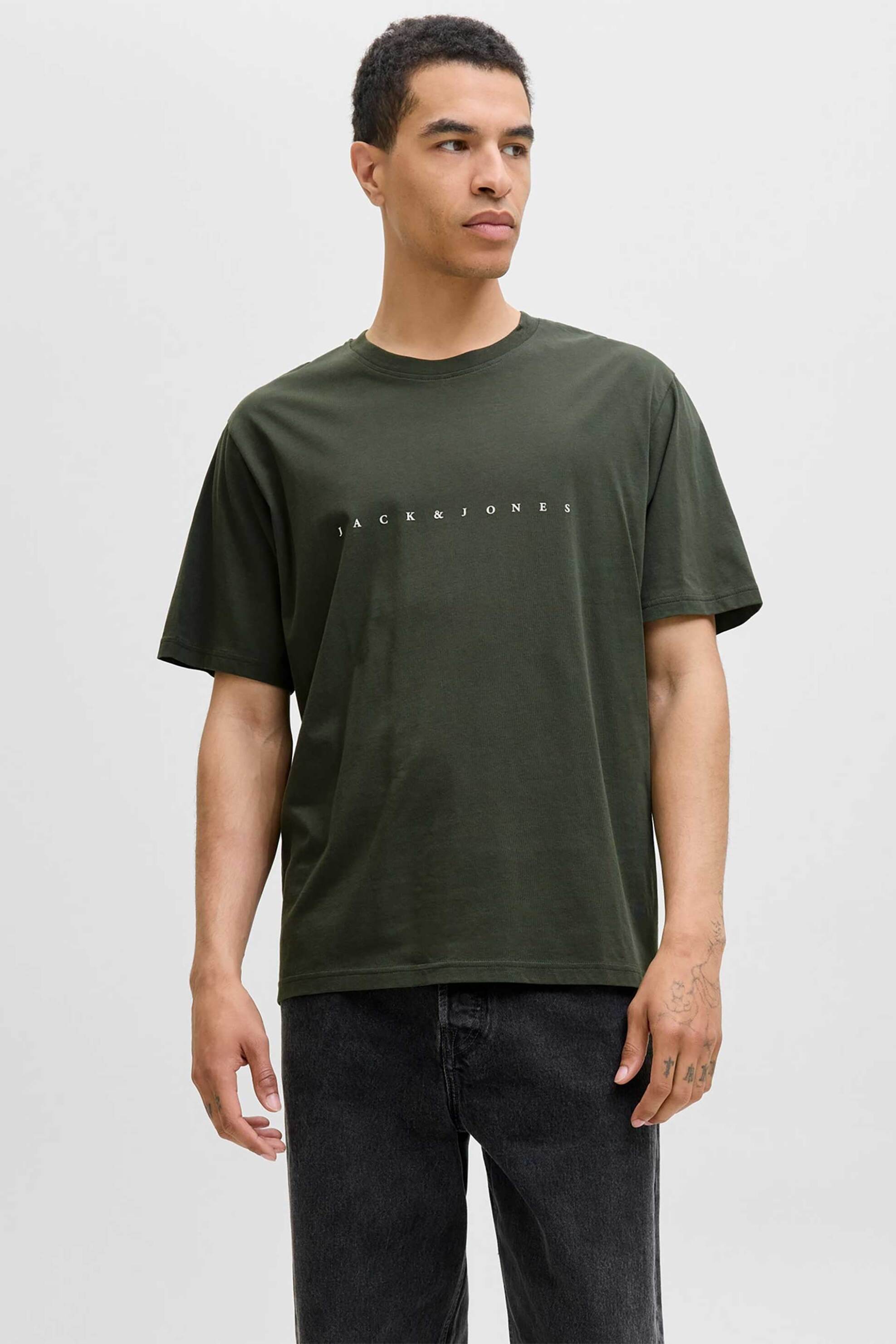 JACK & JONES ανδρικό T-shirt μονόχρωμο με logo print Relaxed Fit - 12234746 Πράσινο