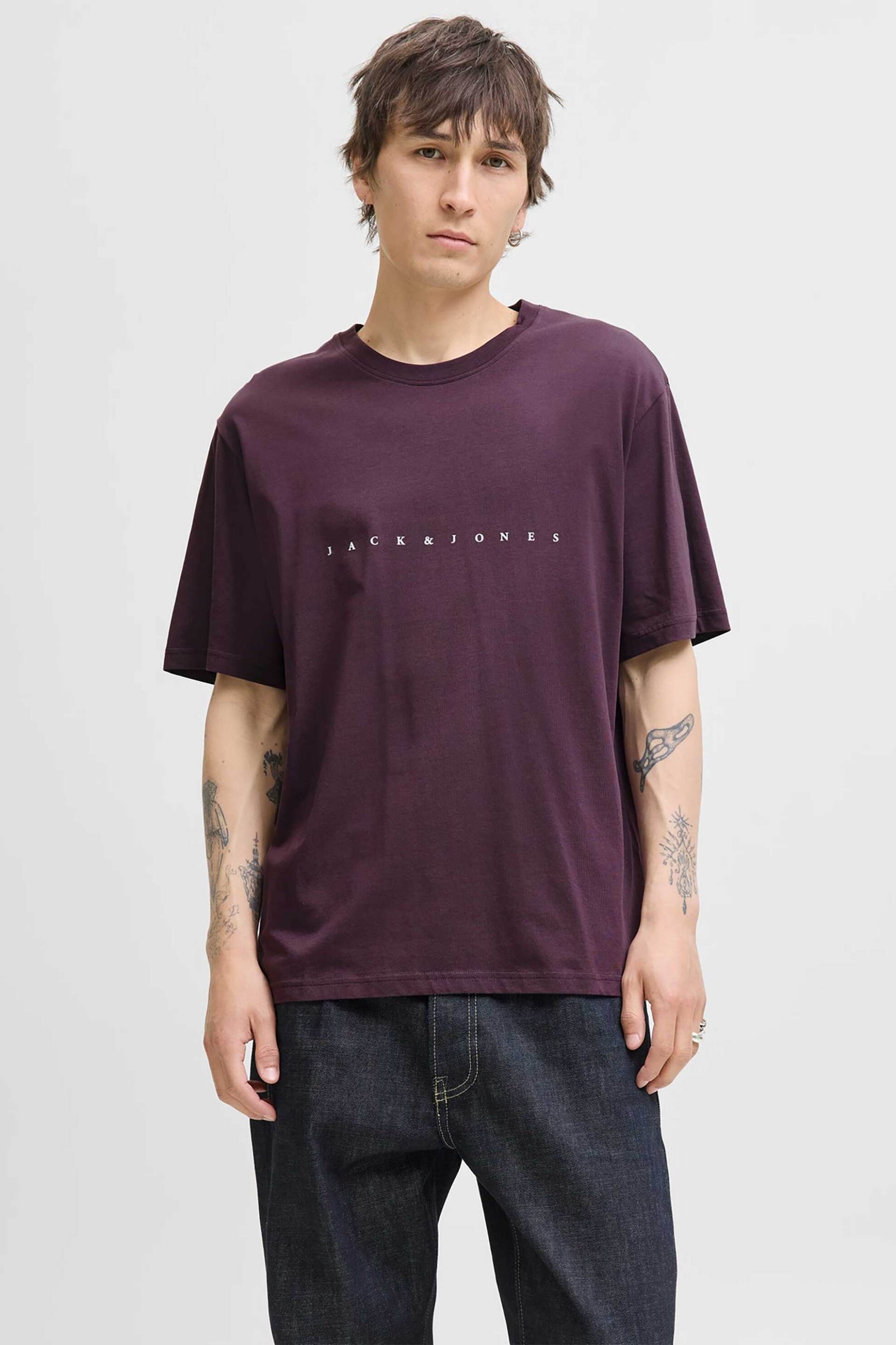 JACK & JONES ανδρικό T-shirt μονόχρωμο με logo print Relaxed Fit - 12234746 Μοβ
