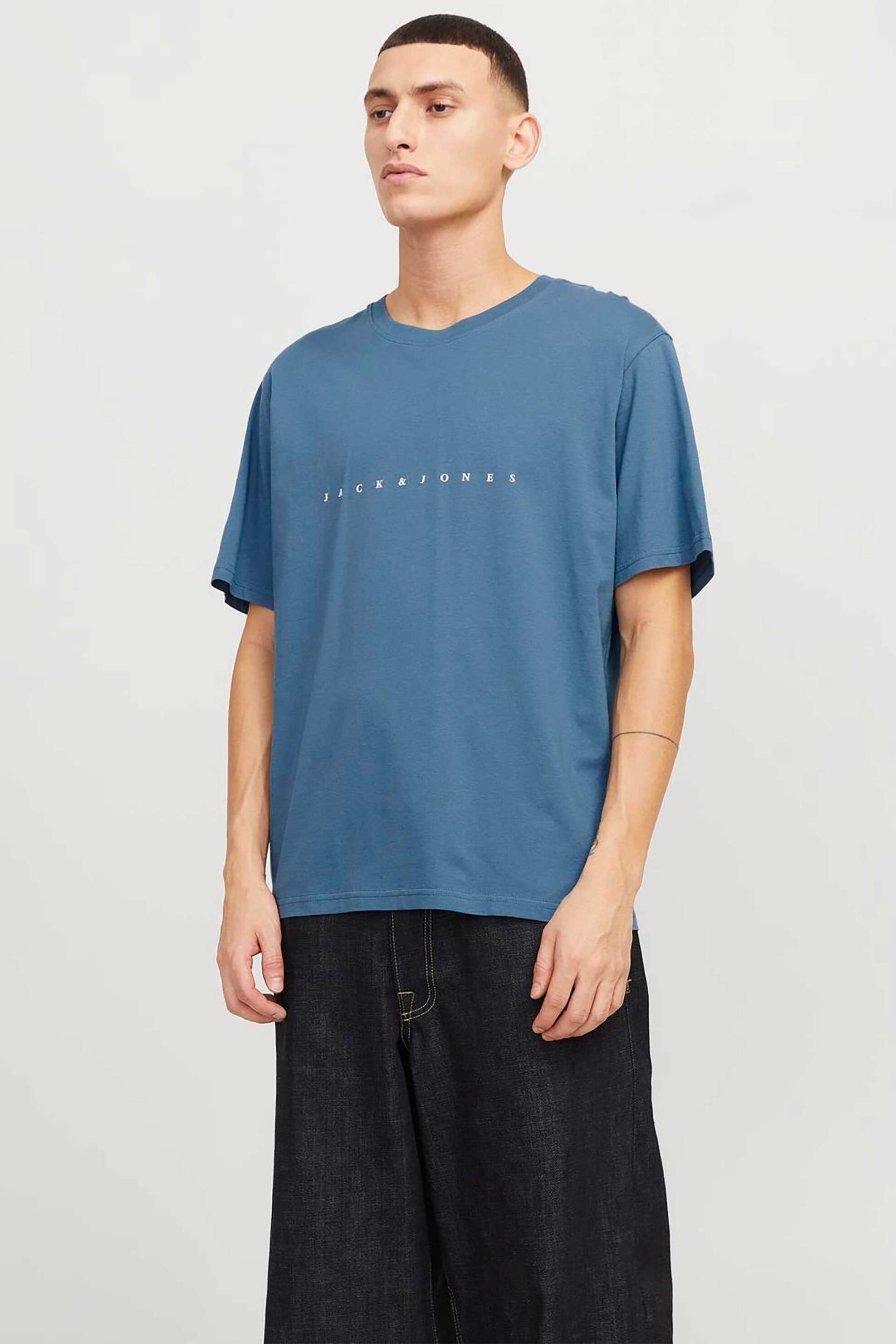 JACK & JONES ανδρικό T-shirt μονόχρωμο με logo print Relaxed Fit - 12234746 Μπλε