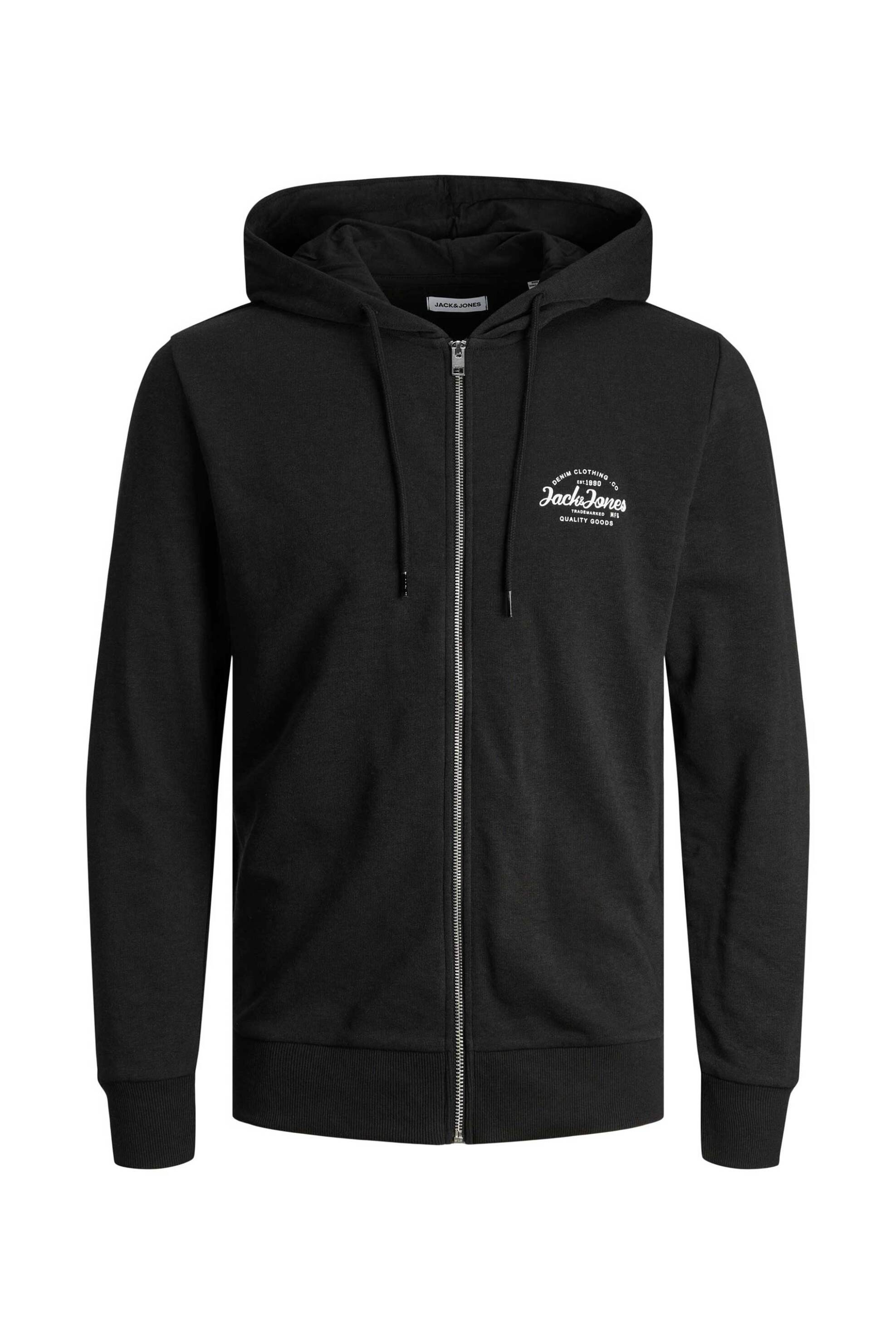 JACK & JONES ανδρική ζακέτα φούτερ μονόχρωμη με κουκούλα και λογότυπο Regular Fit - 12249238 Μαύρο