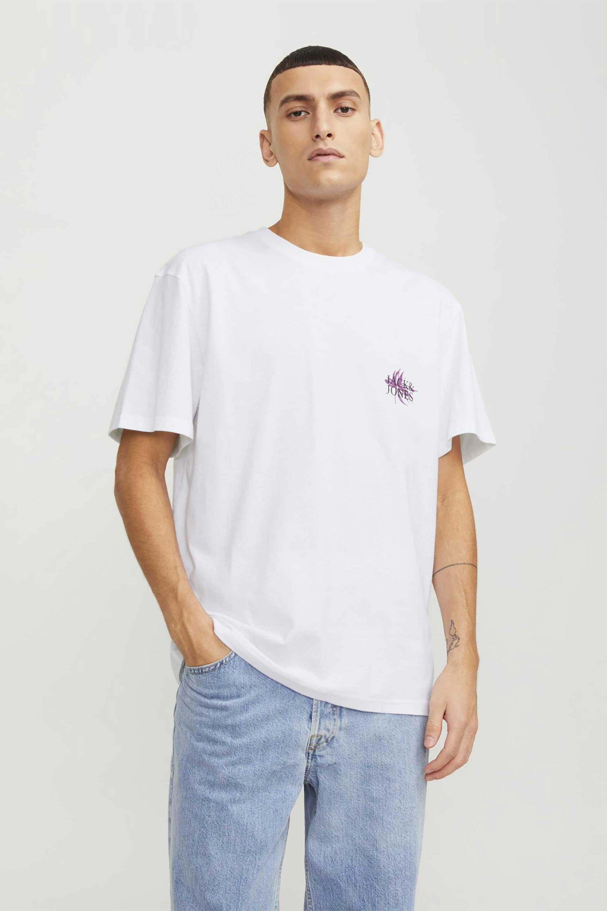 JACK & JONES ανδρικό T-shirt με logo στο στήθος και lettering στο πίσω μέρος Loose Fit - 12253602 Λευκό