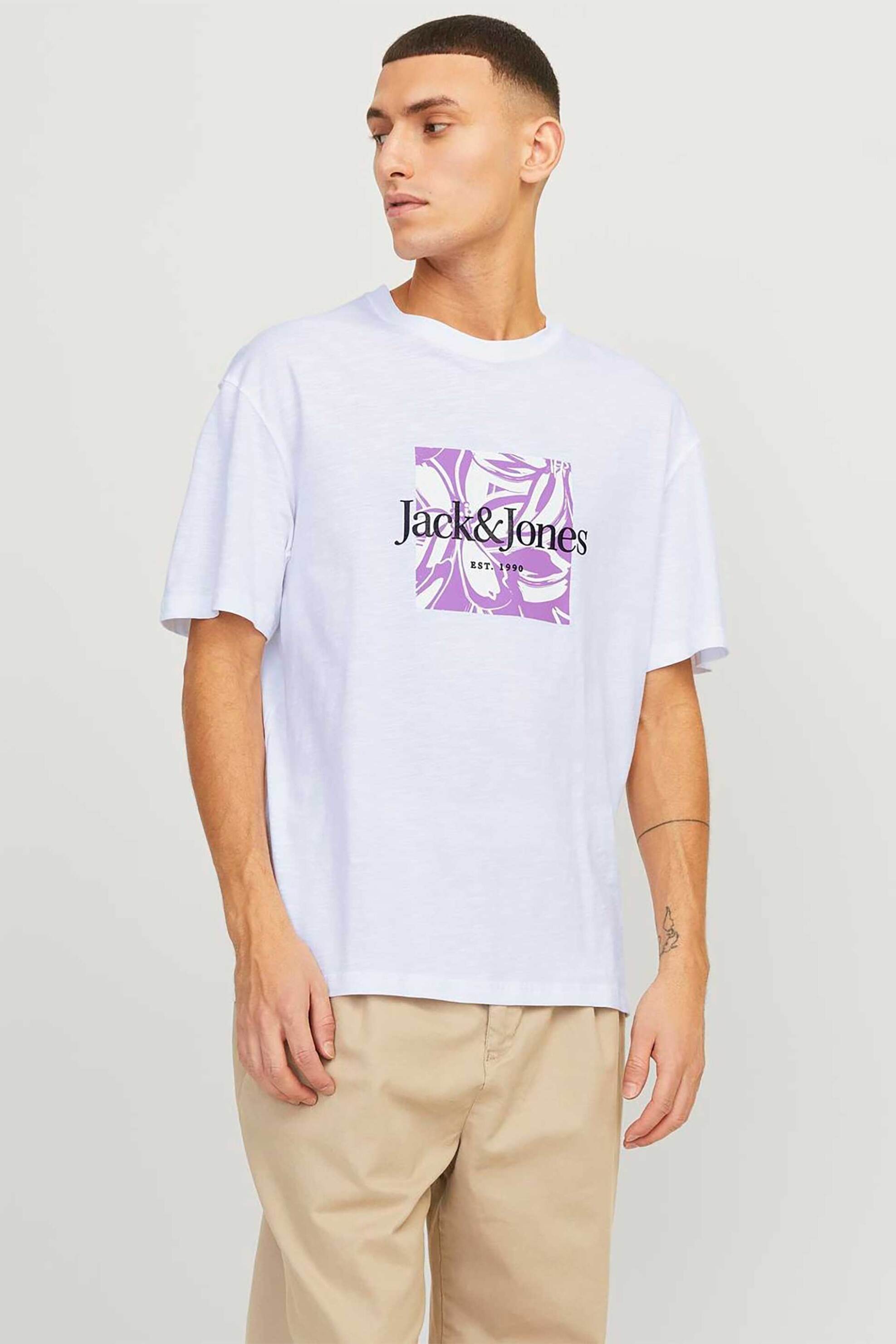 JACK & JONES ανδρικό T-shirt με graphic logo print Relaxed Fit - 12250436 Λευκό