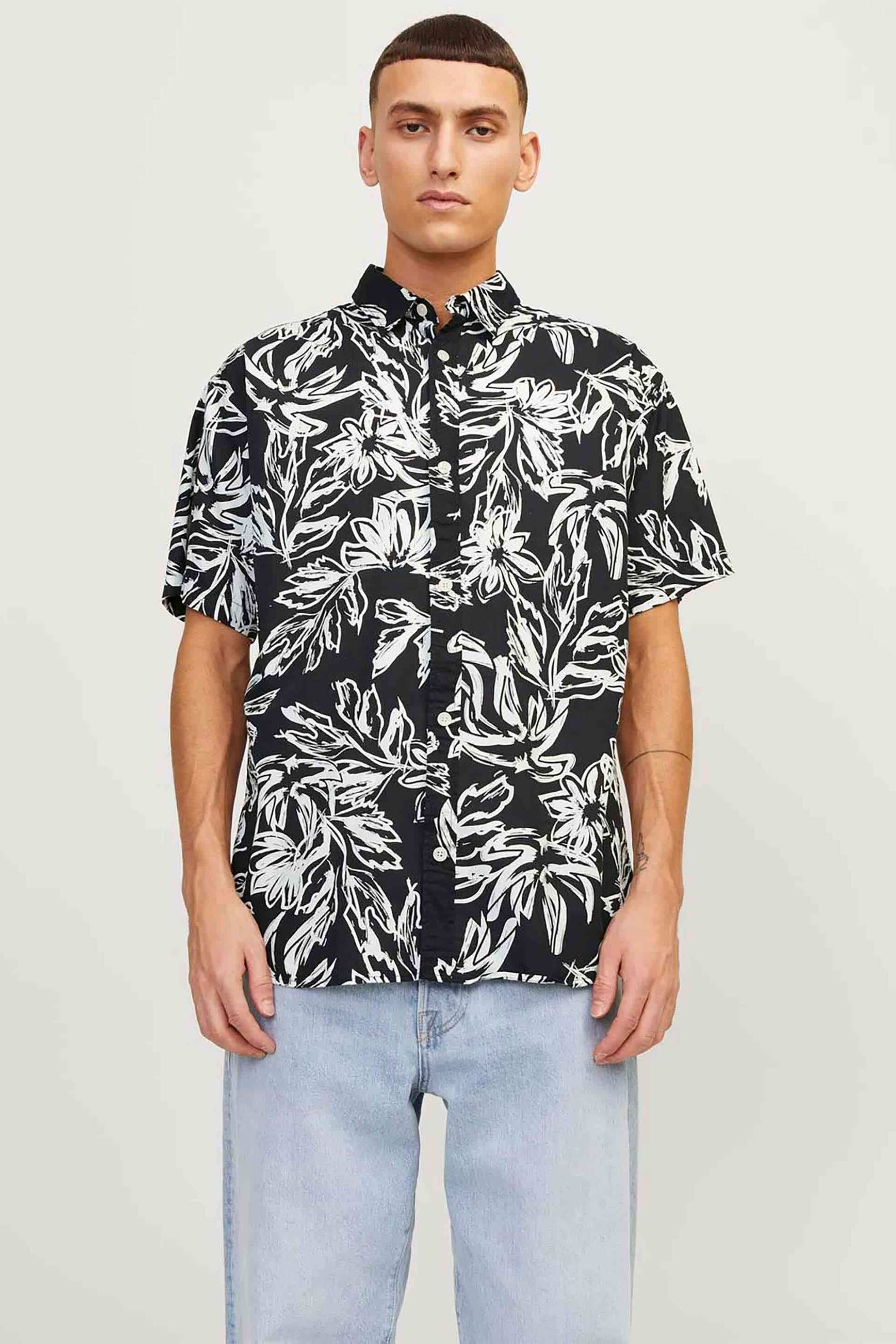 JACK & JONES ανδρικό κοντομάνικο πουκάμισο με floral print Relaxed Fit - 12251023 Μαύρο