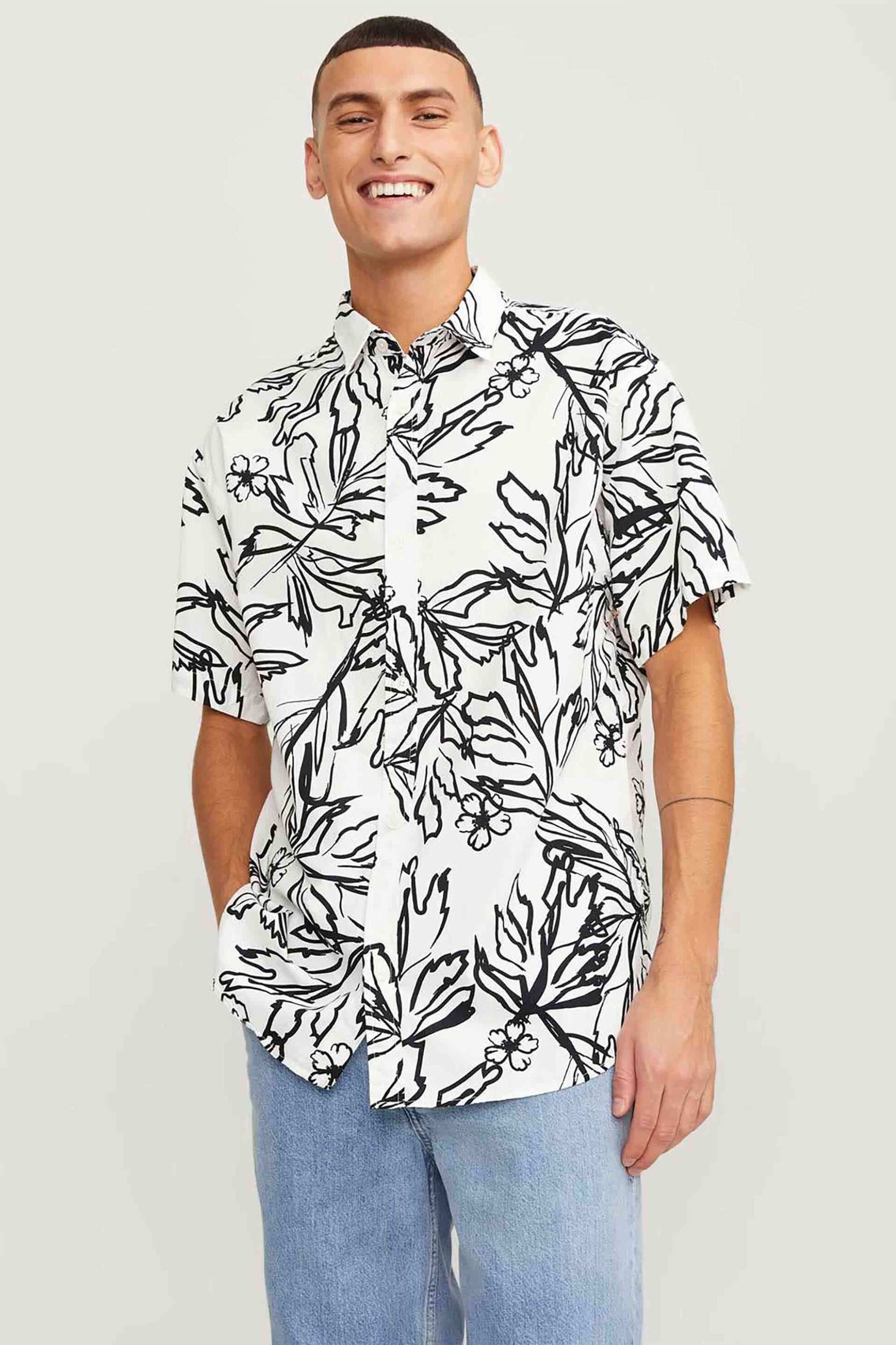 JACK & JONES ανδρικό κοντομάνικο πουκάμισο με floral print Relaxed Fit - 12251023 Λευκό