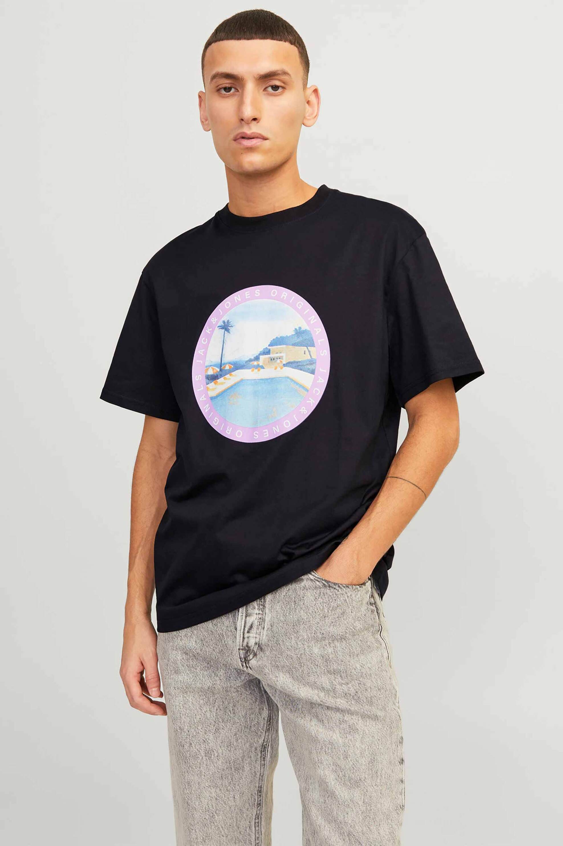 JACK & JONES ανδρικό T-shirt με graphic print Relaxed Fit - 12253679 Μαύρο