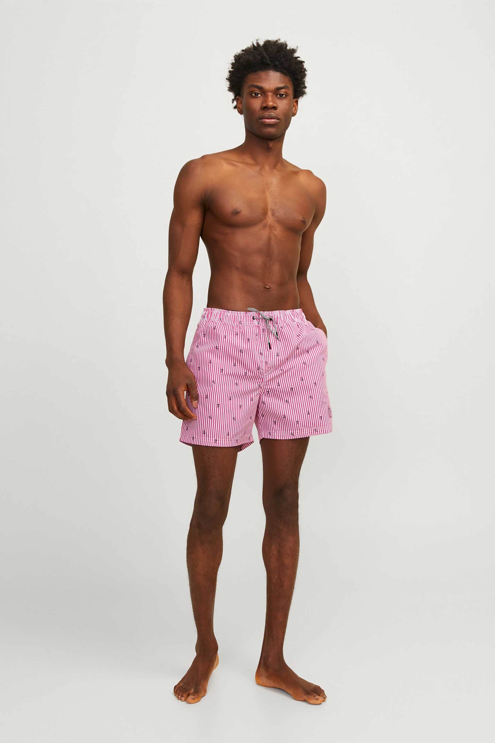 JACK & JONES ανδρικό μαγιό σορτς με ριγέ σχέδιο - 12253240 Ροζ