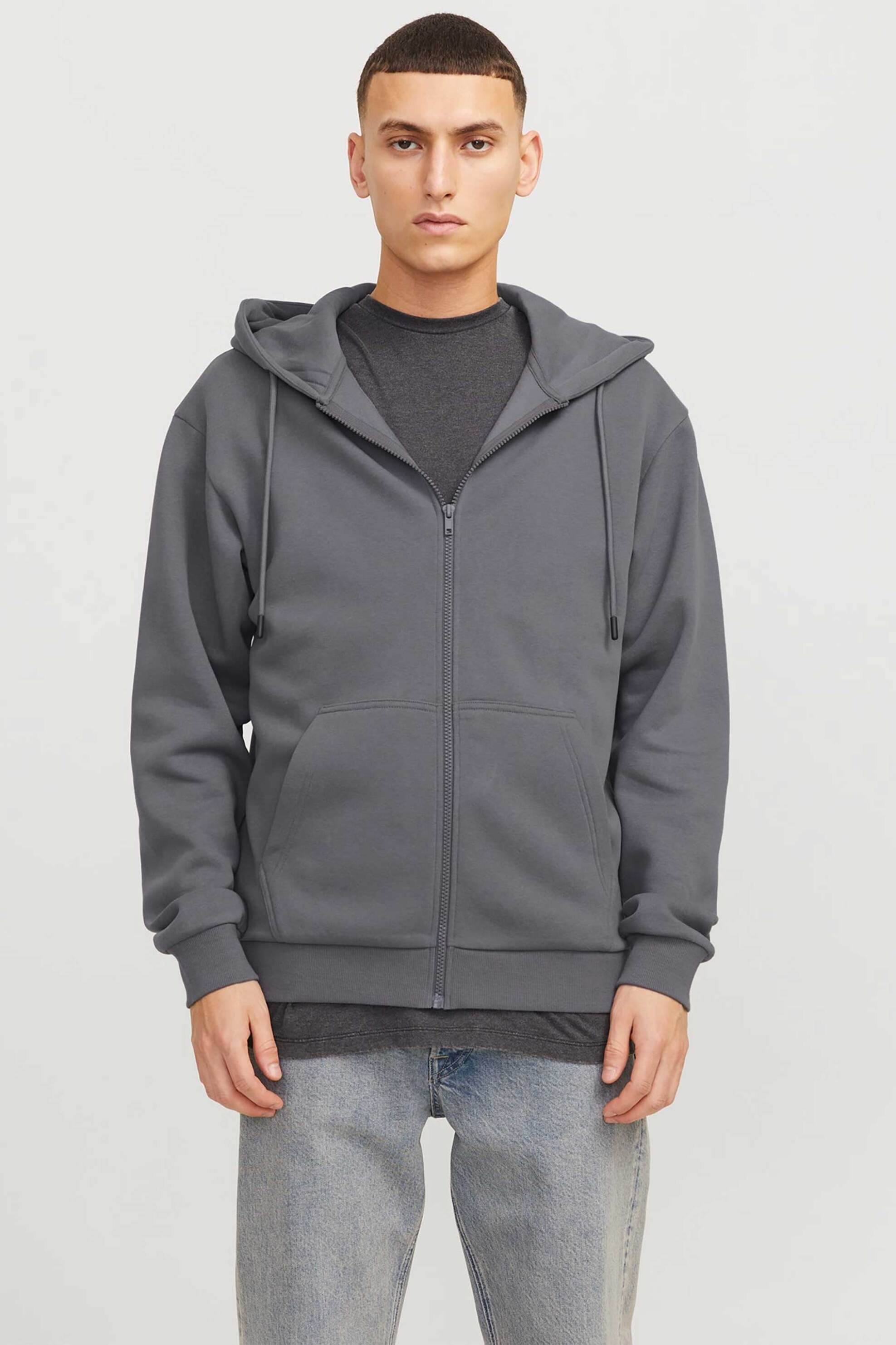 JACK & JONES ανδρική ζακέτα φούτερ μονόχρωμη με κουκούλα - 12249342 Καφέ