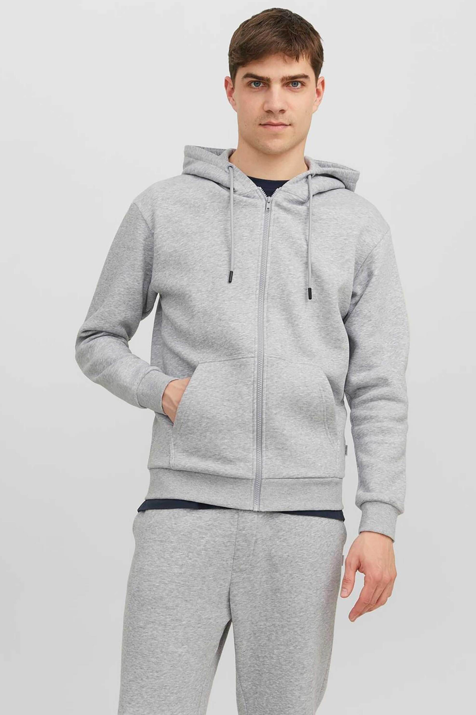 JACK & JONES JACK & JONES ανδρική ζακέτα φούτερ μονόχρωμη με κουκούλα - 12249342 Γκρι