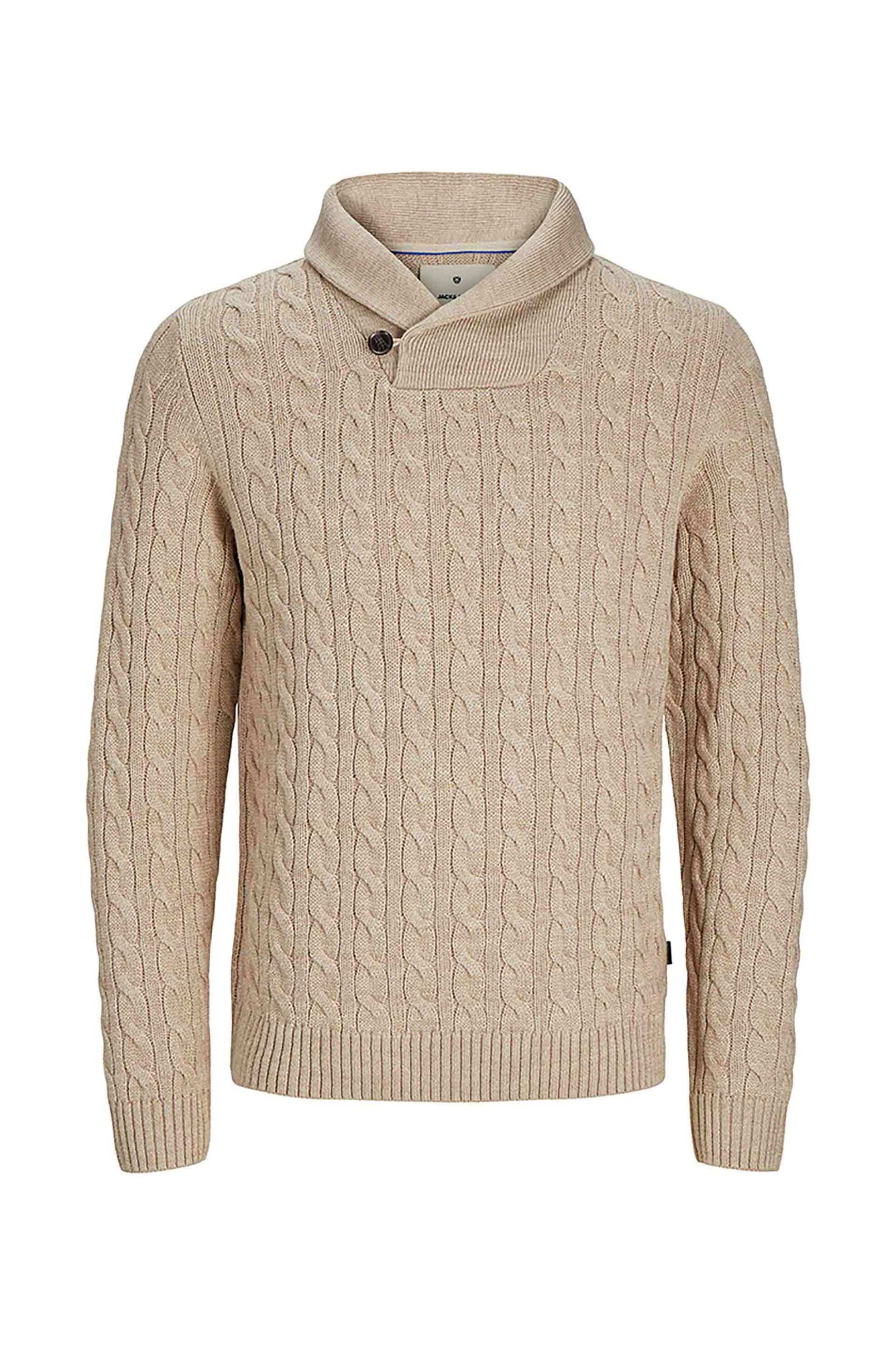 JACK & JONES ανδρικό πουλόβερ με cable knit pattern και ψηλό λαιμό - 12259704 Μπεζ