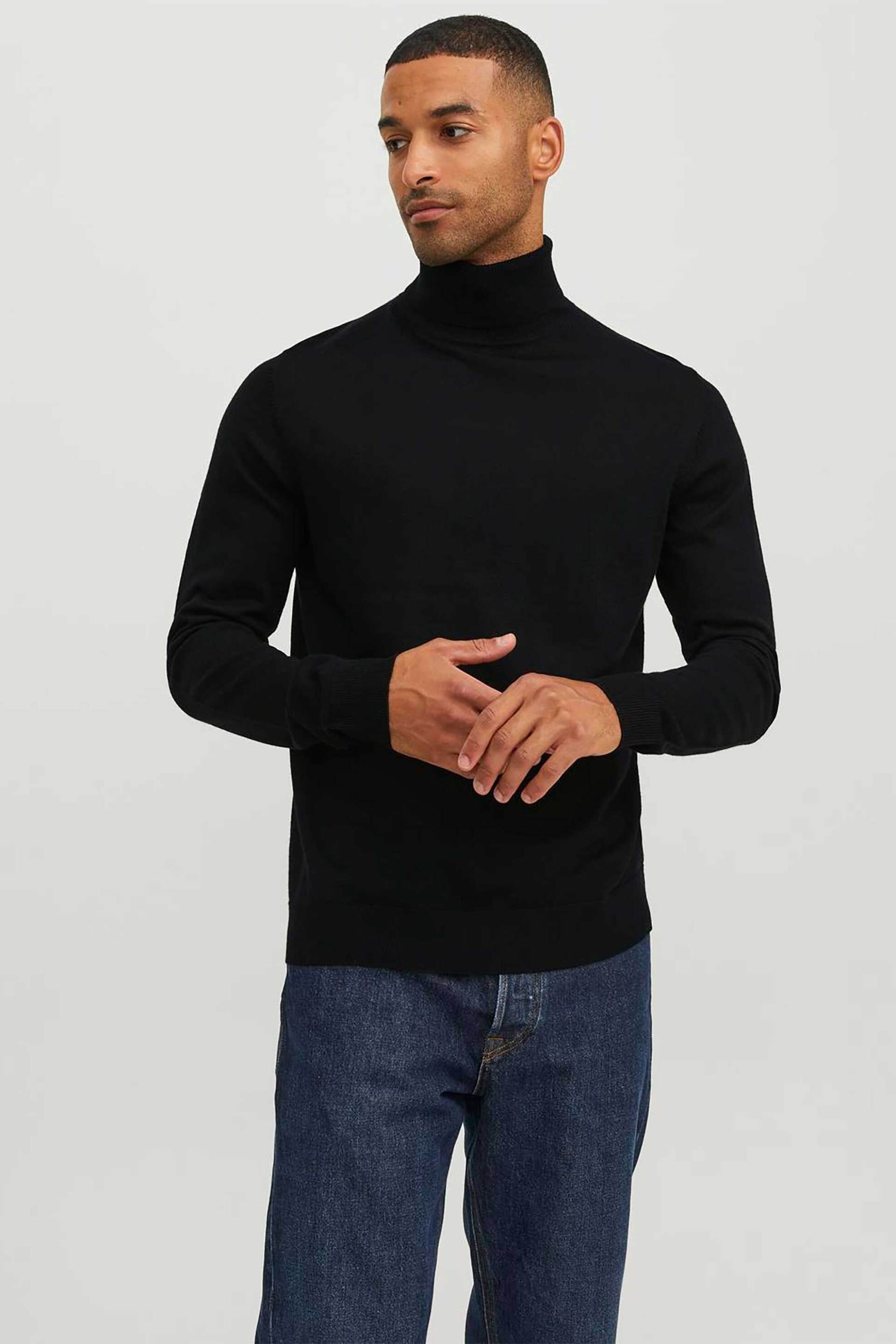 JACK & JONES JACK & JONES ανδρική πλεκτή μπλούζα ζιβάγκο μονόχρωμη - 12216829 Μαύρο