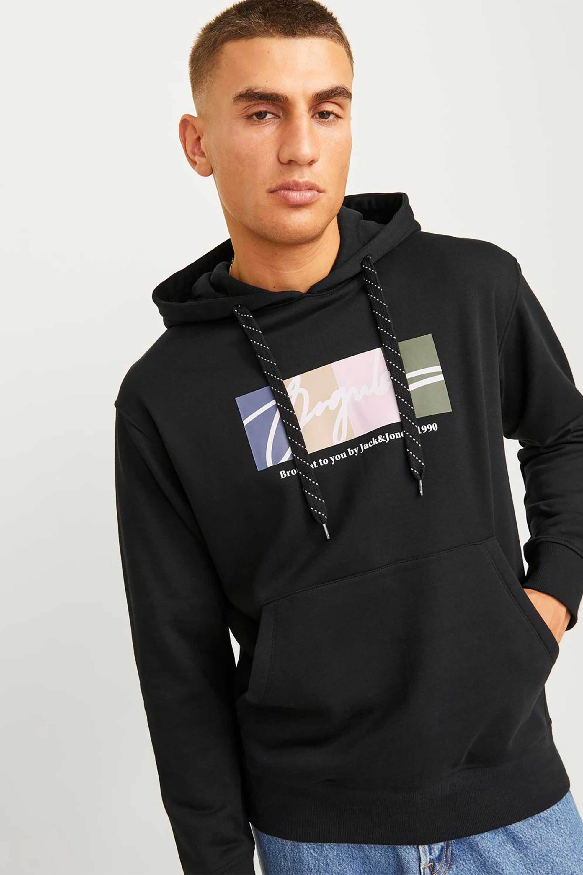 JACK & JONES ανδρική μπλούζα φούτερ με graphic print και κουκούλα - 12262421 Μαύρο φωτογραφία