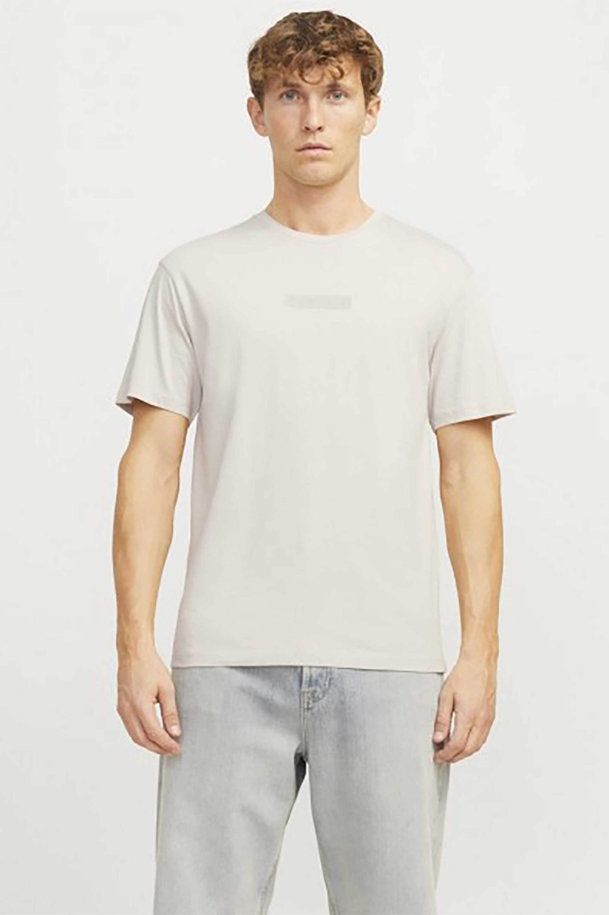 JACK & JONES ανδρικό T-shirt μονόχρωμο με logo print - 12269369 Κρέμ