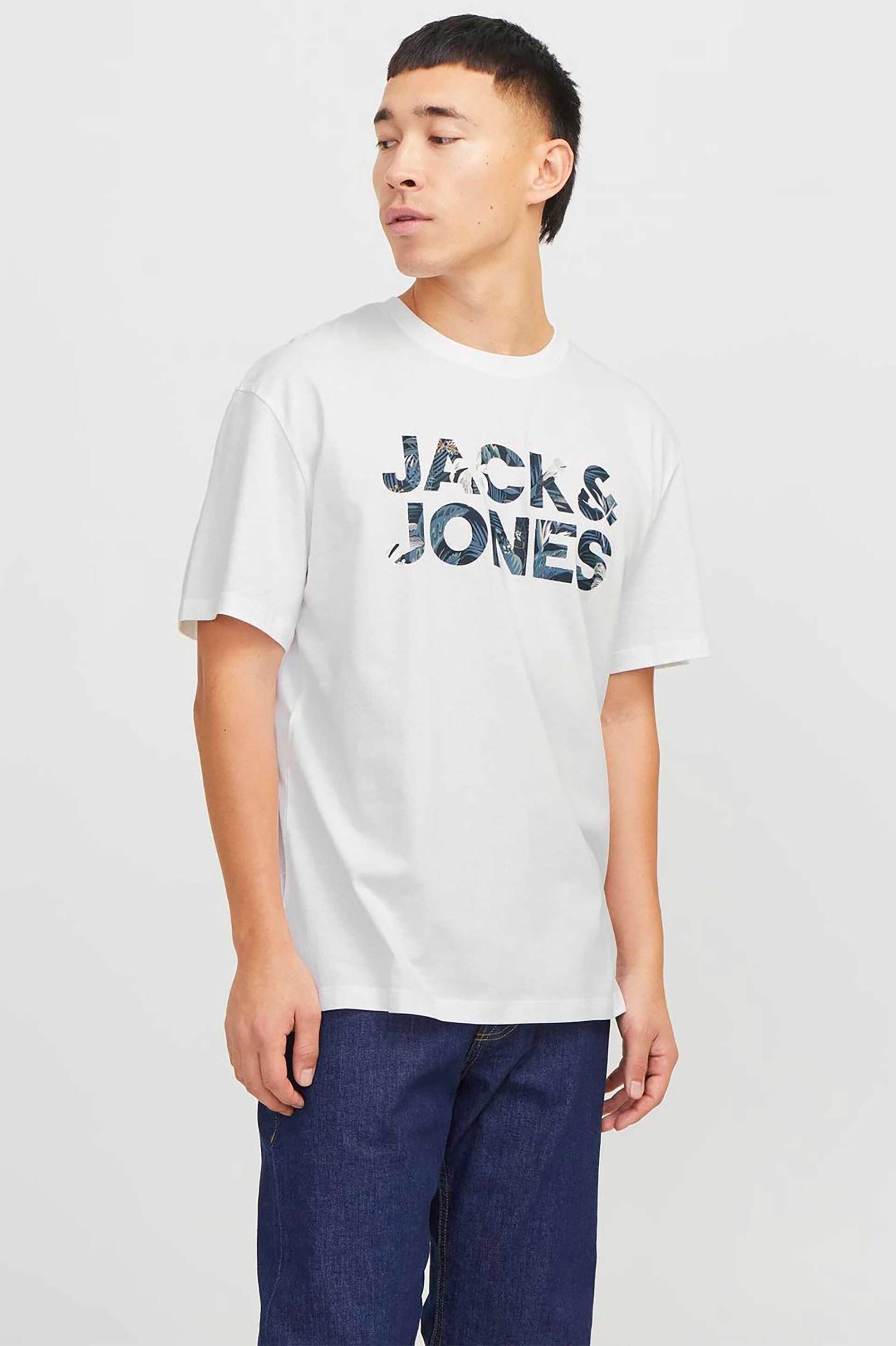 JACK & JONES ανδρικό T-shirt μονόχρωμο με logo print - 12268127 Λευκό