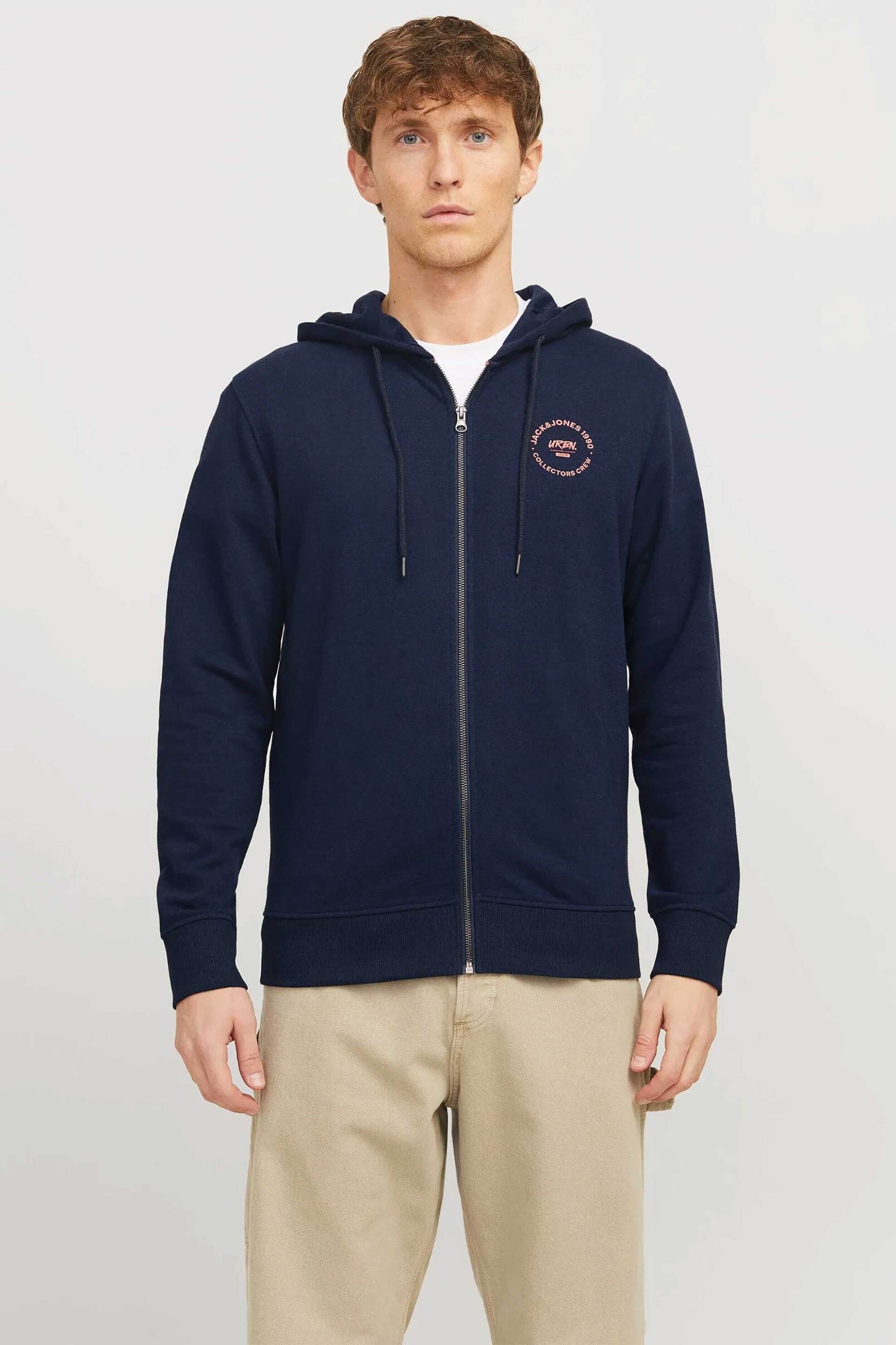 JACK & JONES ανδρική ζακέτα φούτερ μονόχρωμη με κουκούλα Relaxed Fit - 12269366 Μπλε Σκούρο
