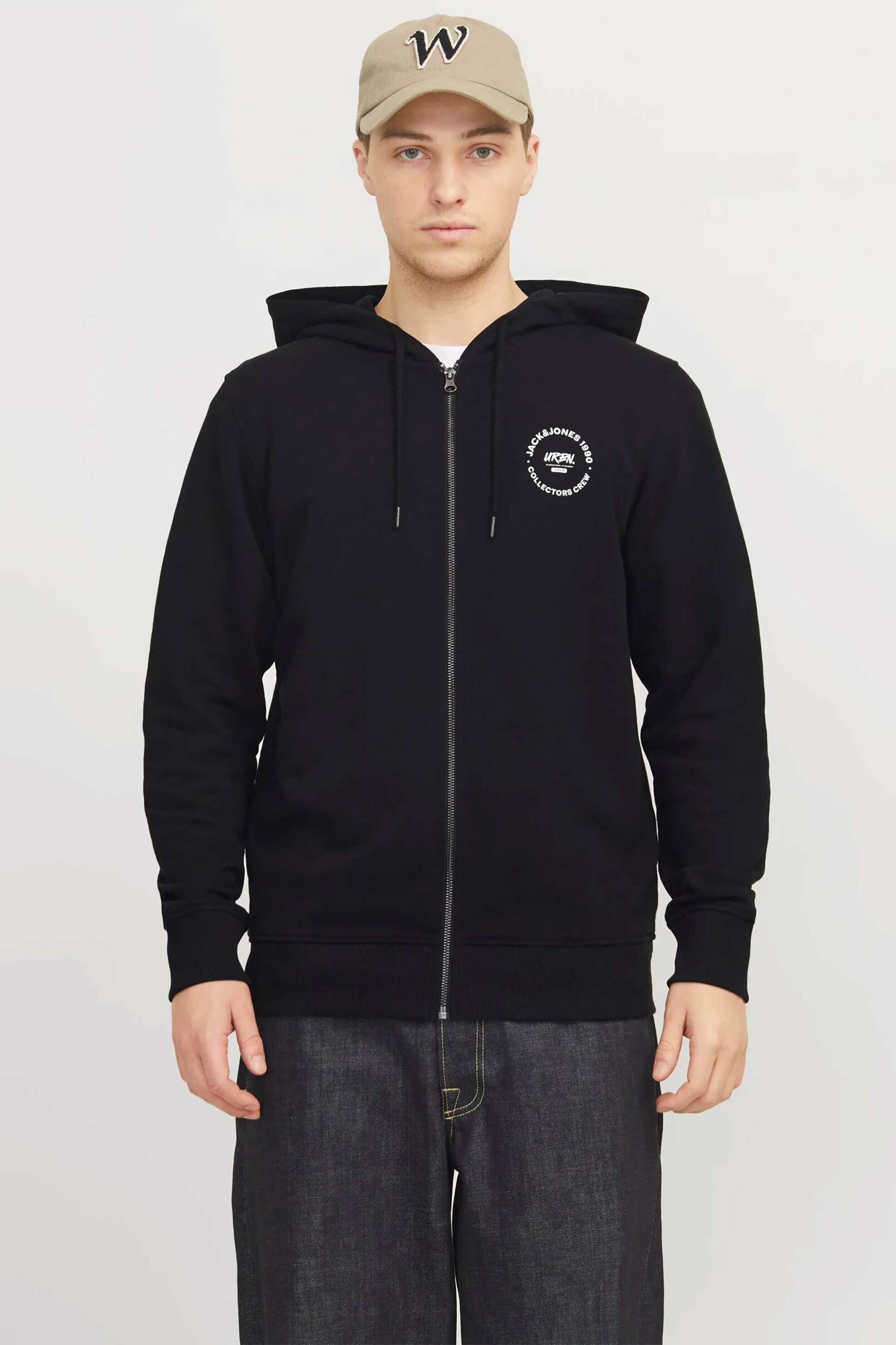JACK & JONES ανδρική ζακέτα φούτερ μονόχρωμη με κουκούλα Relaxed Fit - 12269366 Μαύρο