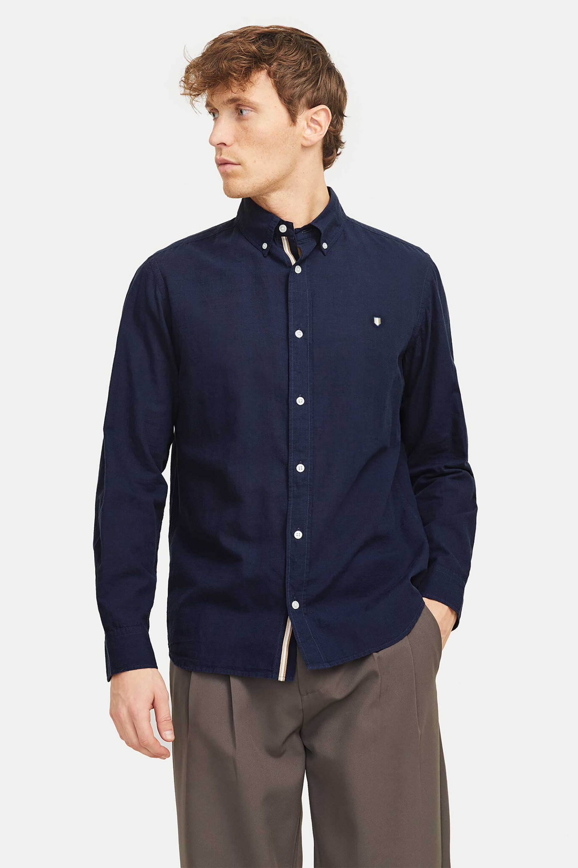 JACK & JONES ανδρικό πουκάμισο μονόχρωμο με κεντημένο λογότυπο Regular Fit - 12274599 Μπλε Σκούρο