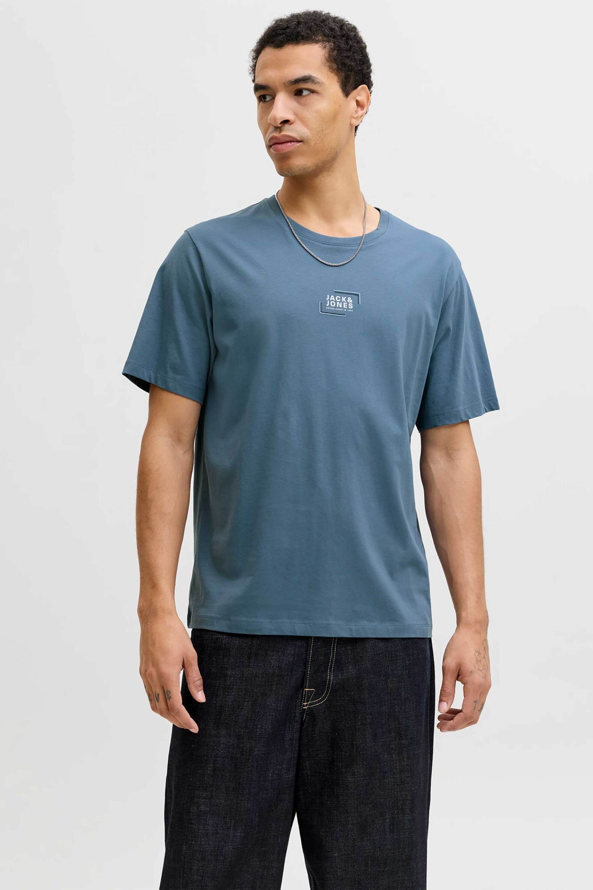 JACK & JONES ανδρικό T-shirt μονόχρωμο με logo print Relaxed Fit - 12268415 Μπλε