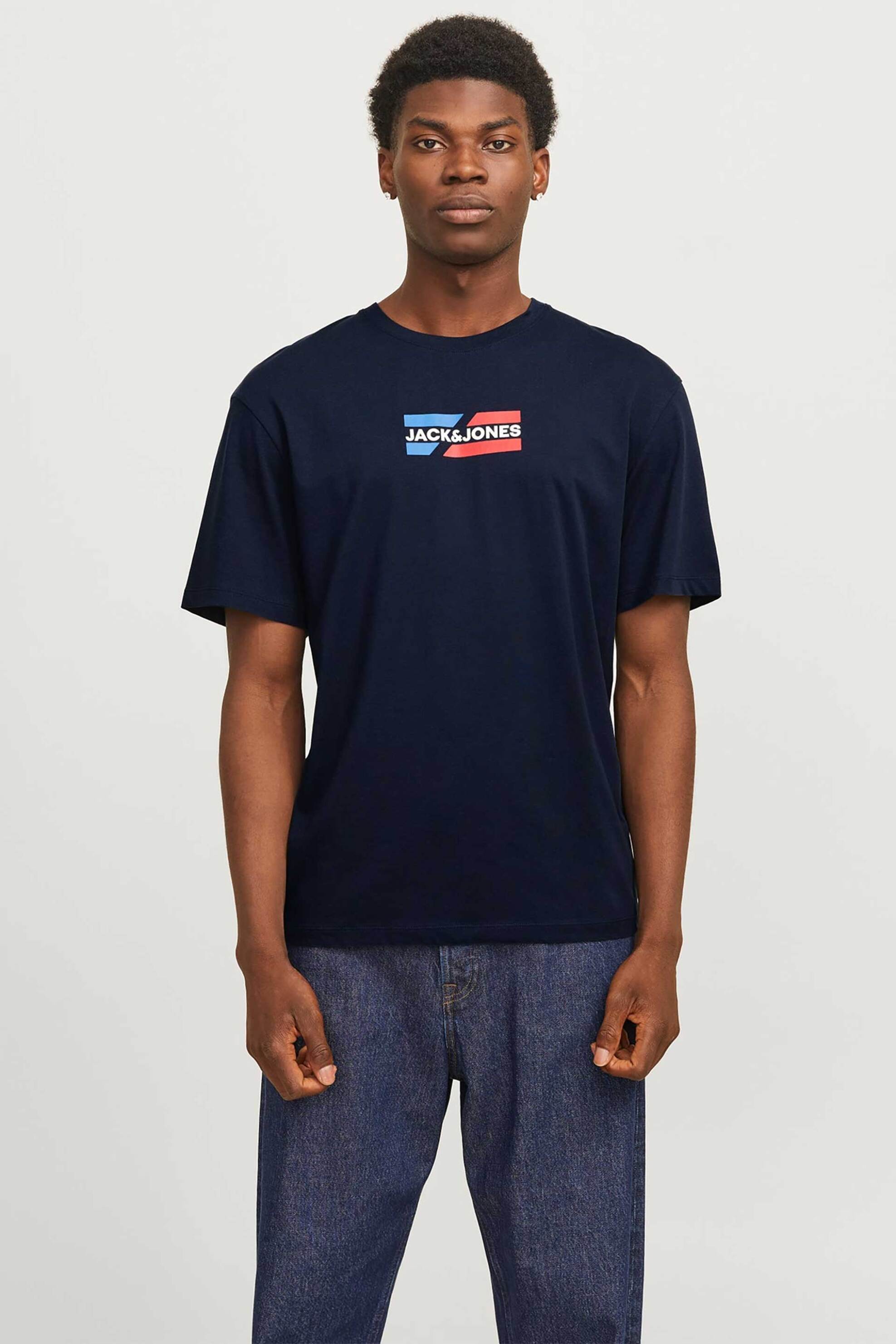 JACK & JONES ανδρικό T-shirt μονόχρωμο με logo print Relaxed Fit - 12268415 Σκούρο Μπλε
