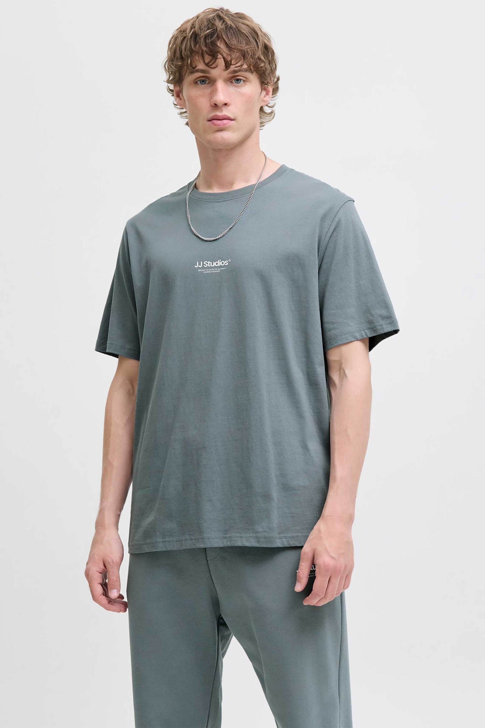 JACK & JONES ανδρικό T-shirt μονόχρωμο με lettering - 12278787 Γκρι Γαλάζιο