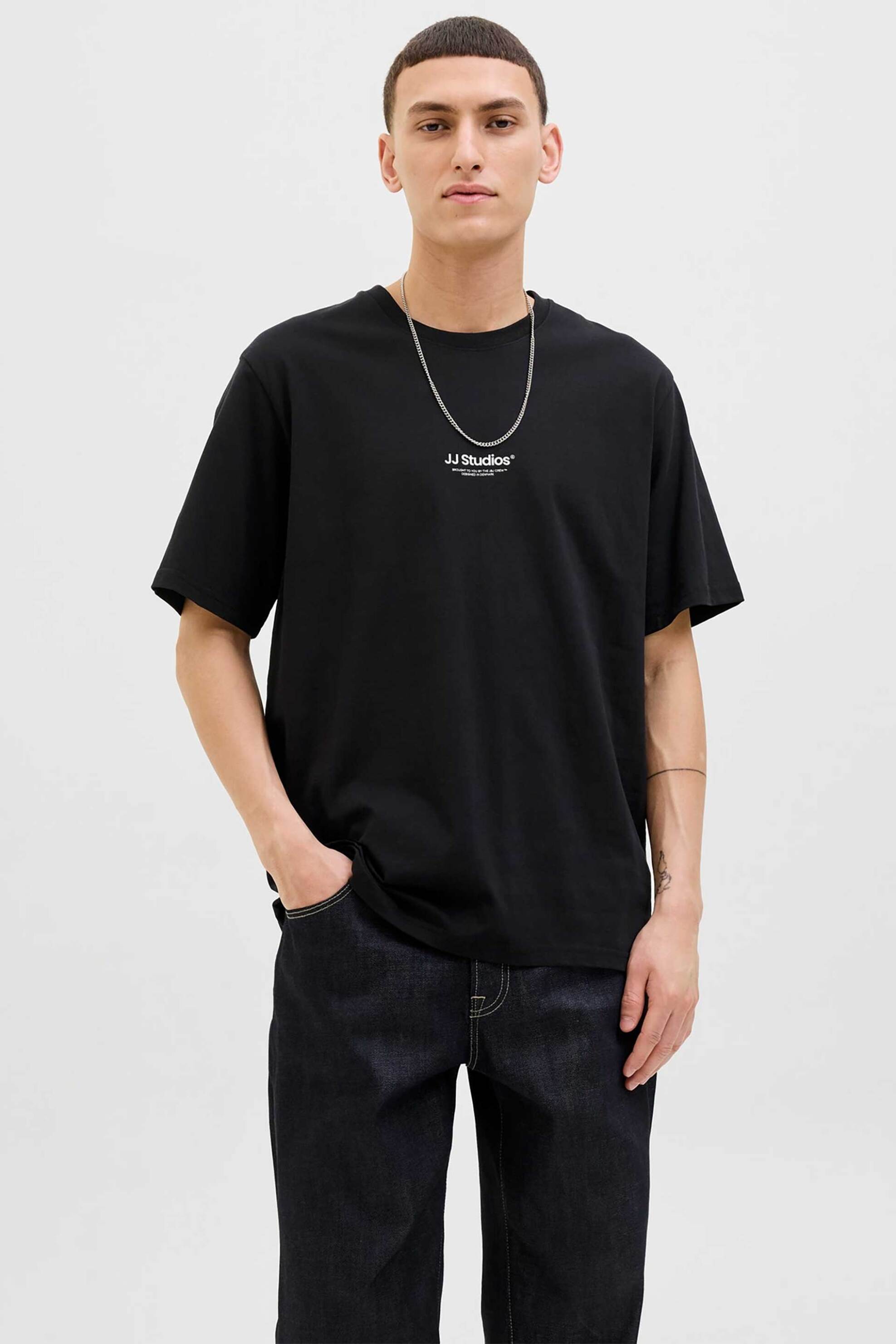 JACK & JONES ανδρικό T-shirt μονόχρωμο με lettering - 12278787 Μαύρο