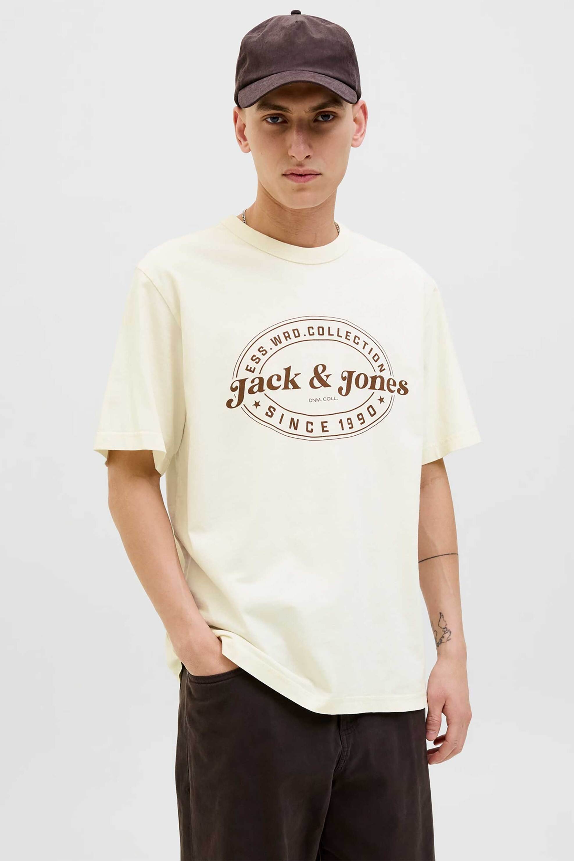 JACK & JONES ανδρικό T-shirt μονόχρωμο με logo print Relaxed Fit - 12279524 Καφέ