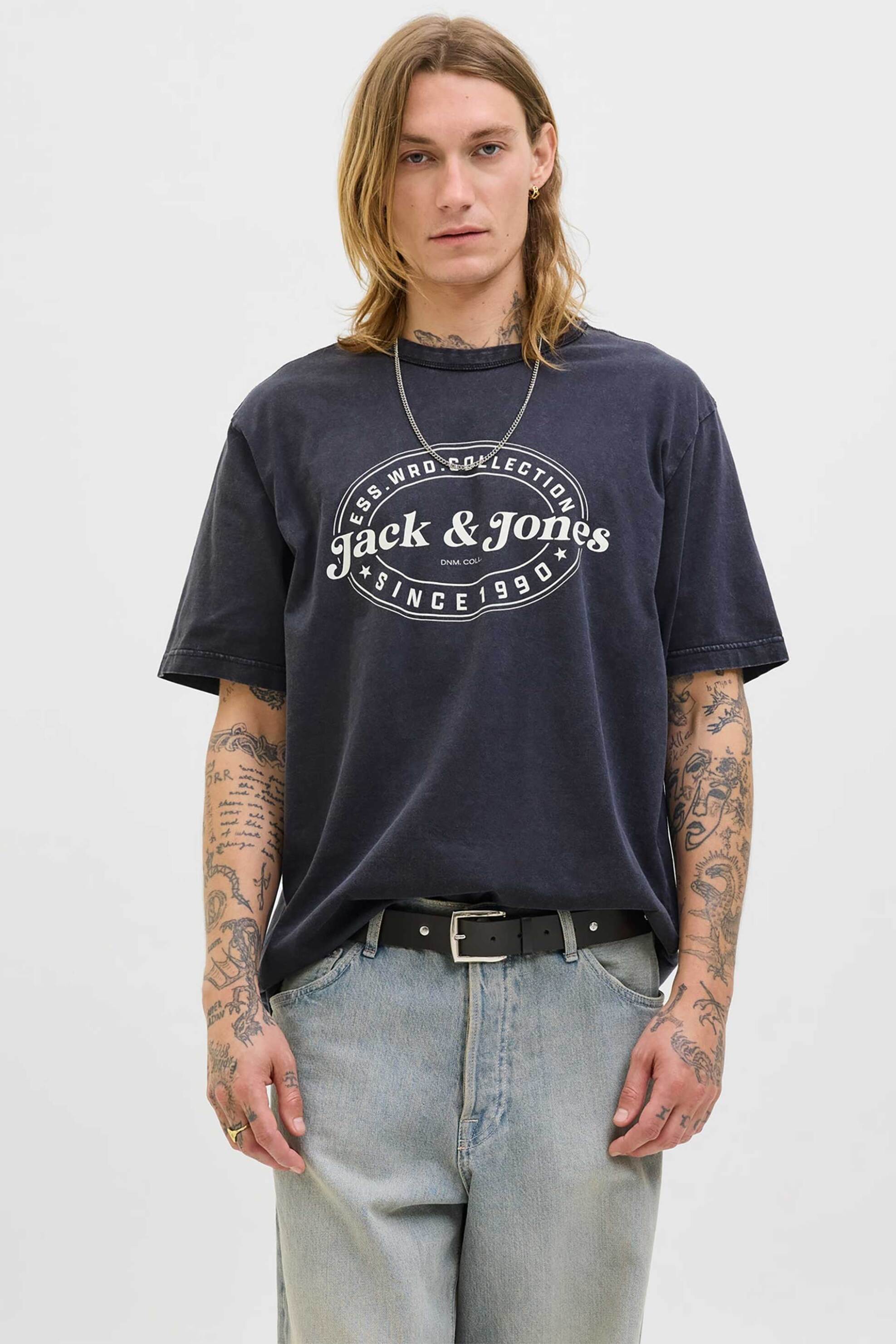 JACK & JONES ανδρικό T-shirt μονόχρωμο με logo print Relaxed Fit - 12279524 Μαύρο