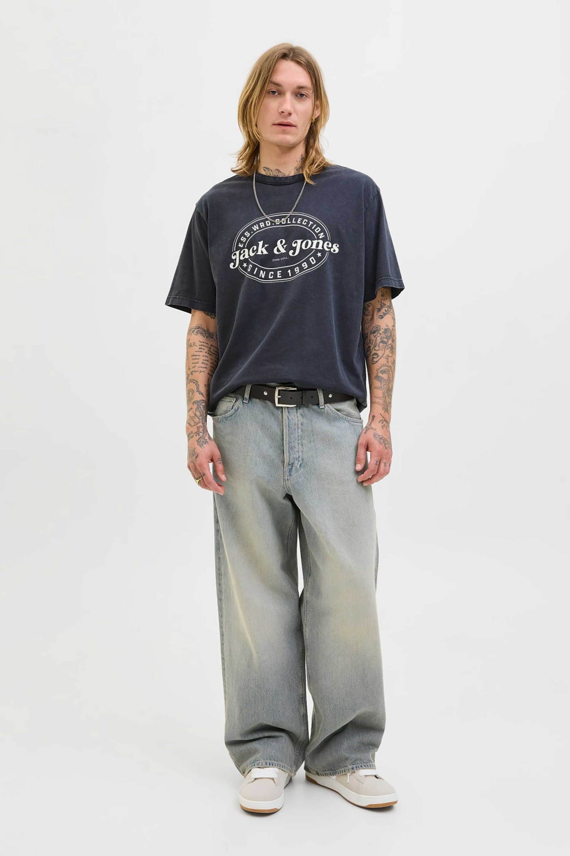 JACK & JONES ανδρικό T-shirt μονόχρωμο με logo print Relaxed Fit - 12279524 Μαύρο φωτογραφία