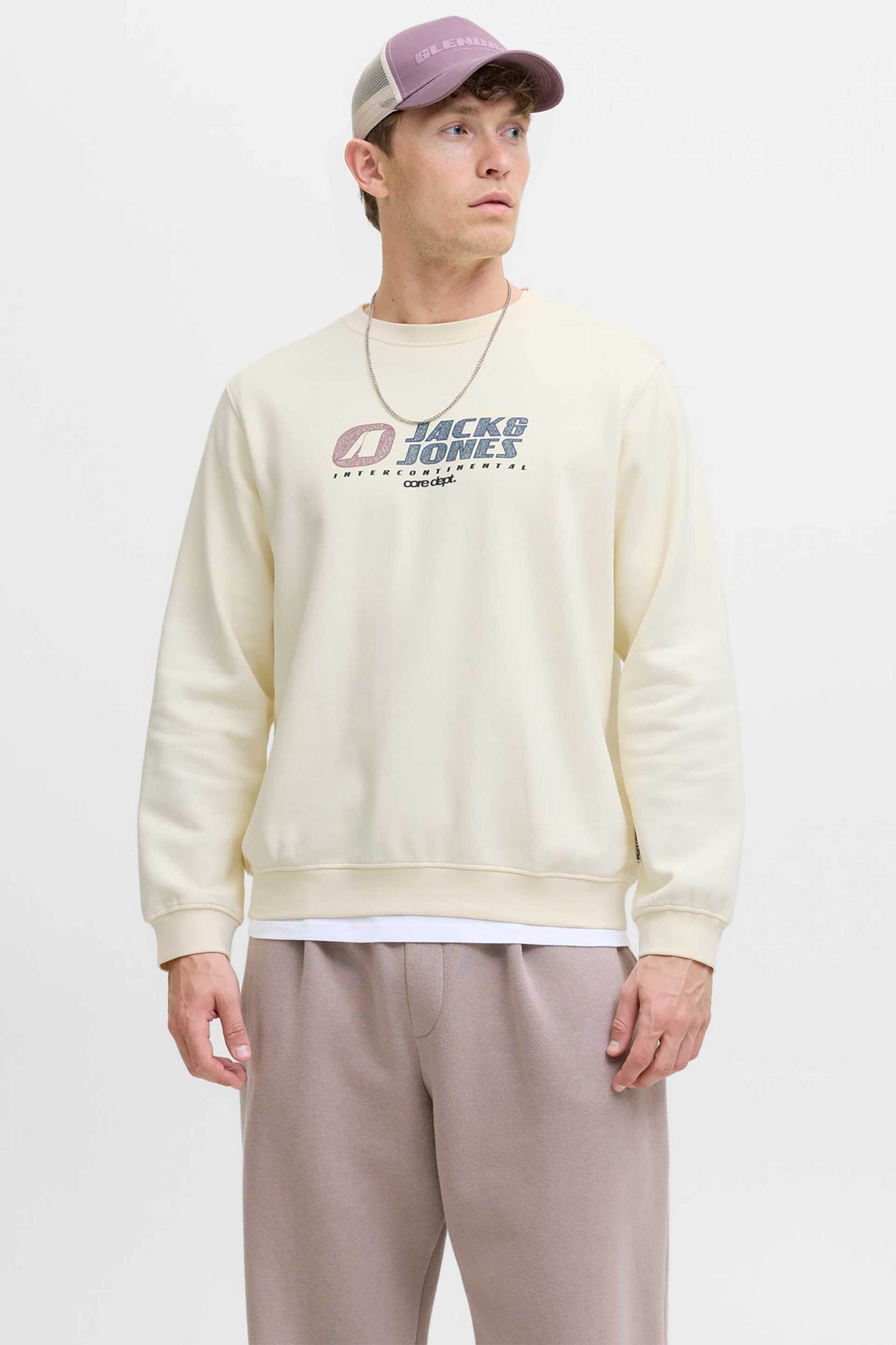 JACK & JONES ανδρική μπλούζα φούτερ με logo print - 12282791 Κίτρινο Ανοιχτό