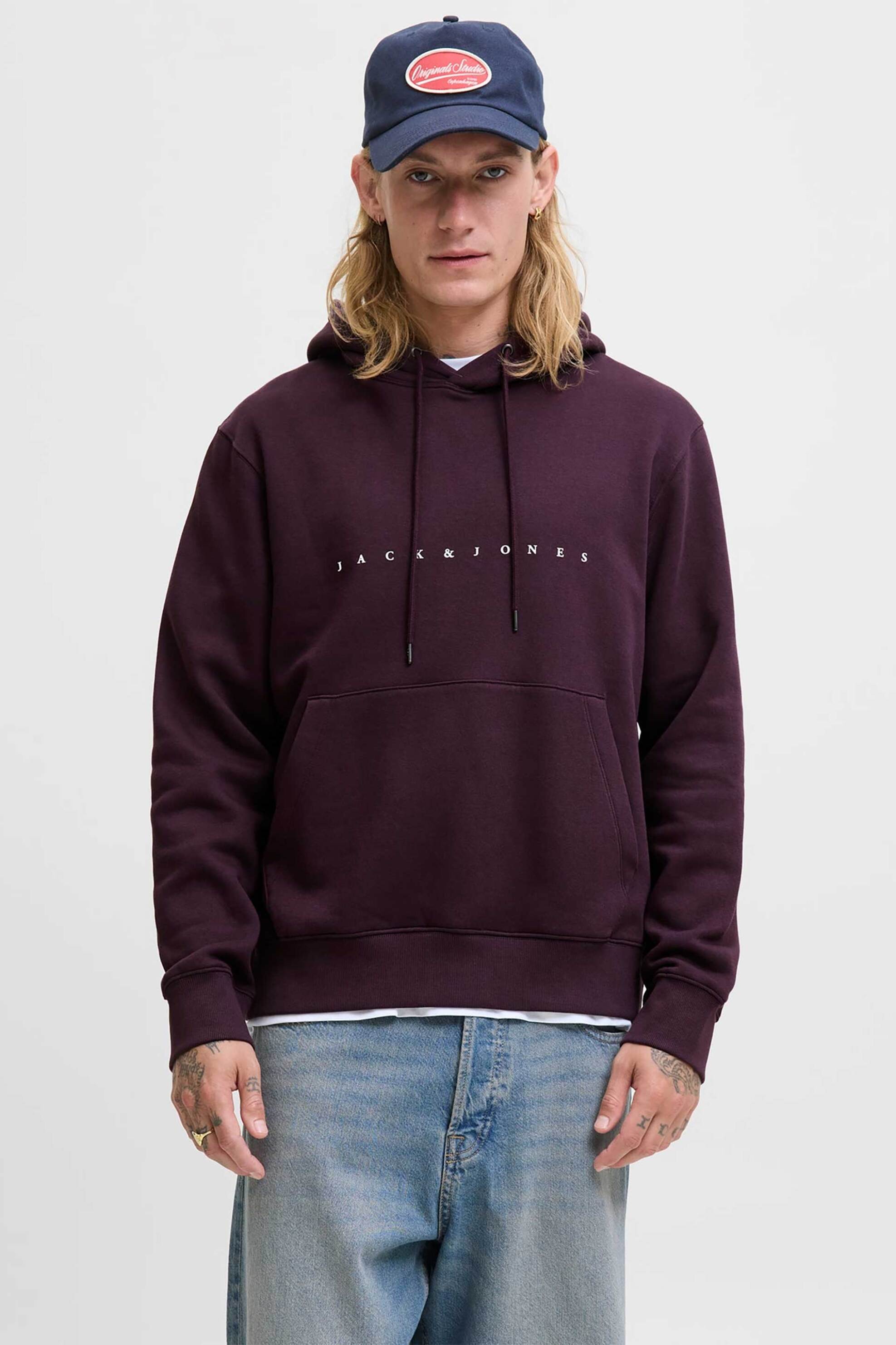 JACK & JONES ανδρική μπλούζα φούτερ με logo print και κουκούλα - 12233972 Μοβ