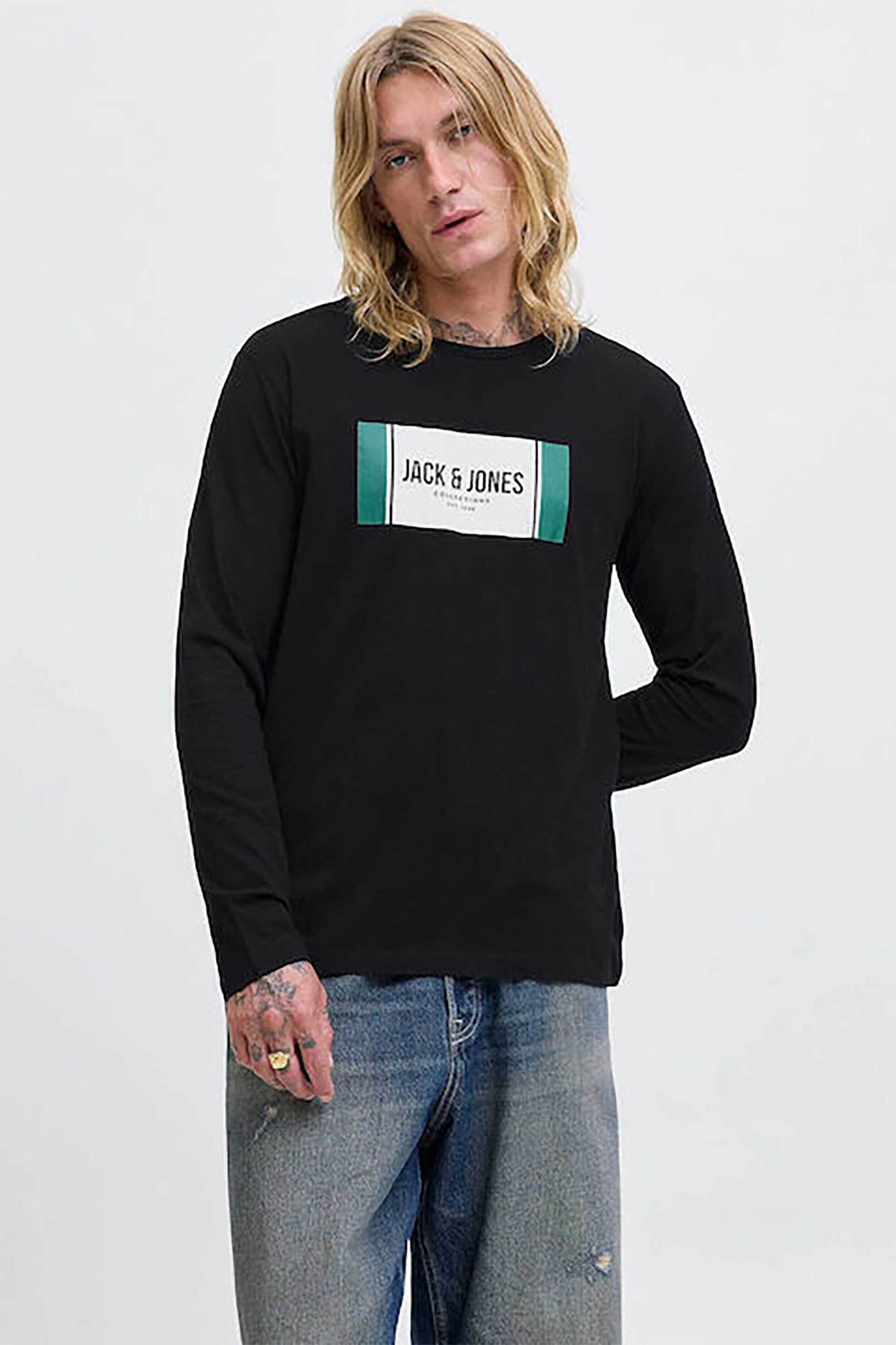 JACK & JONES ανδρική μακρυμάνικη μπλούζα με logo print Regular Fit - 12282290 Μαύρο