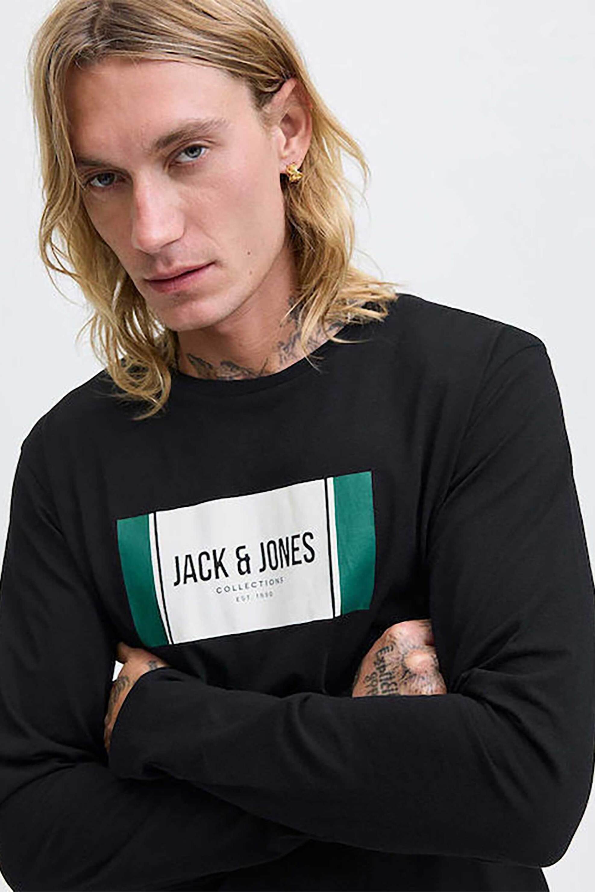JACK & JONES ανδρική μακρυμάνικη μπλούζα με logo print Regular Fit - 12282290 Μαύρο φωτογραφία
