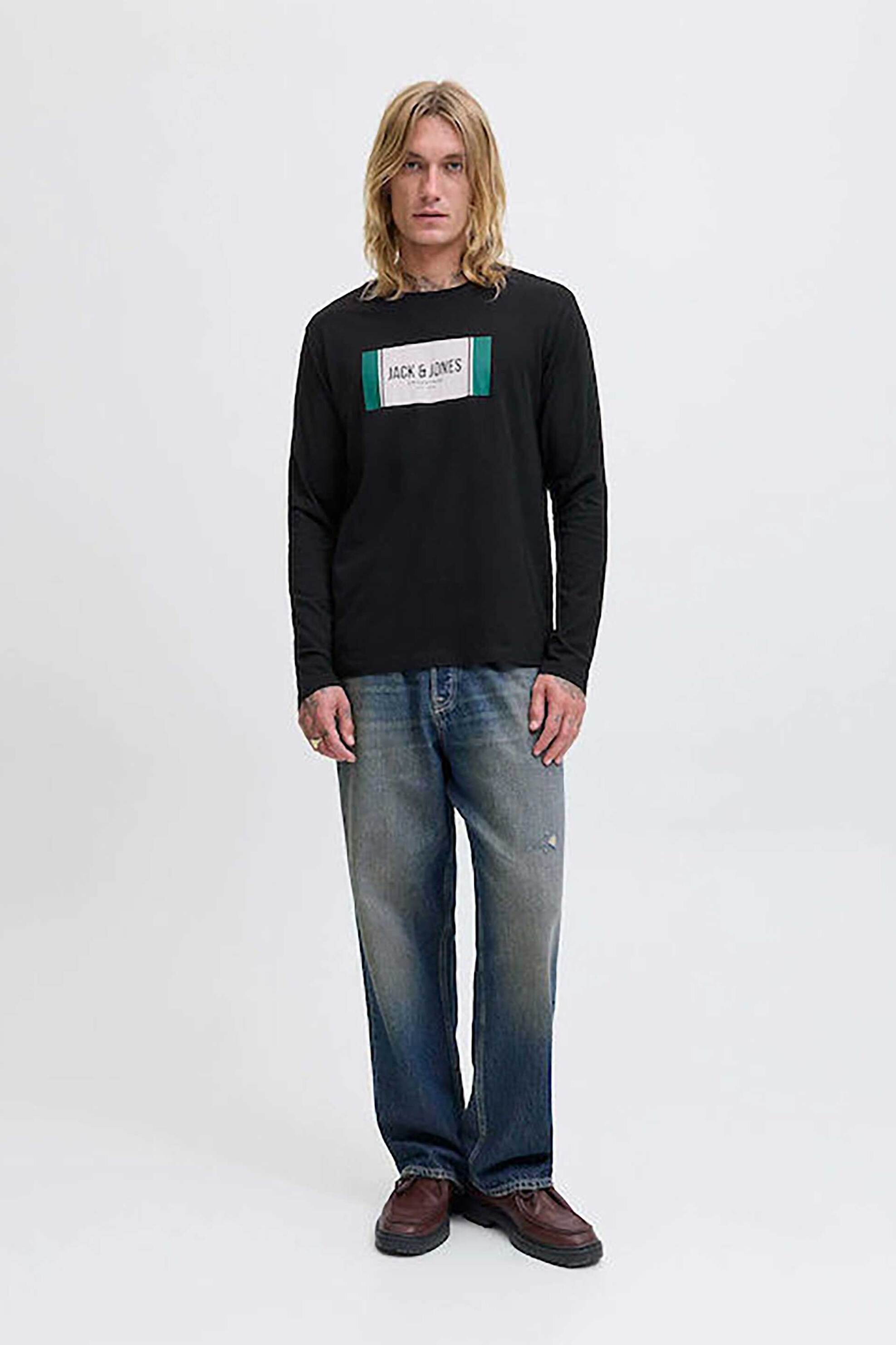 JACK & JONES ανδρική μακρυμάνικη μπλούζα με logo print Regular Fit - 12282290 Μαύρο φωτογραφία