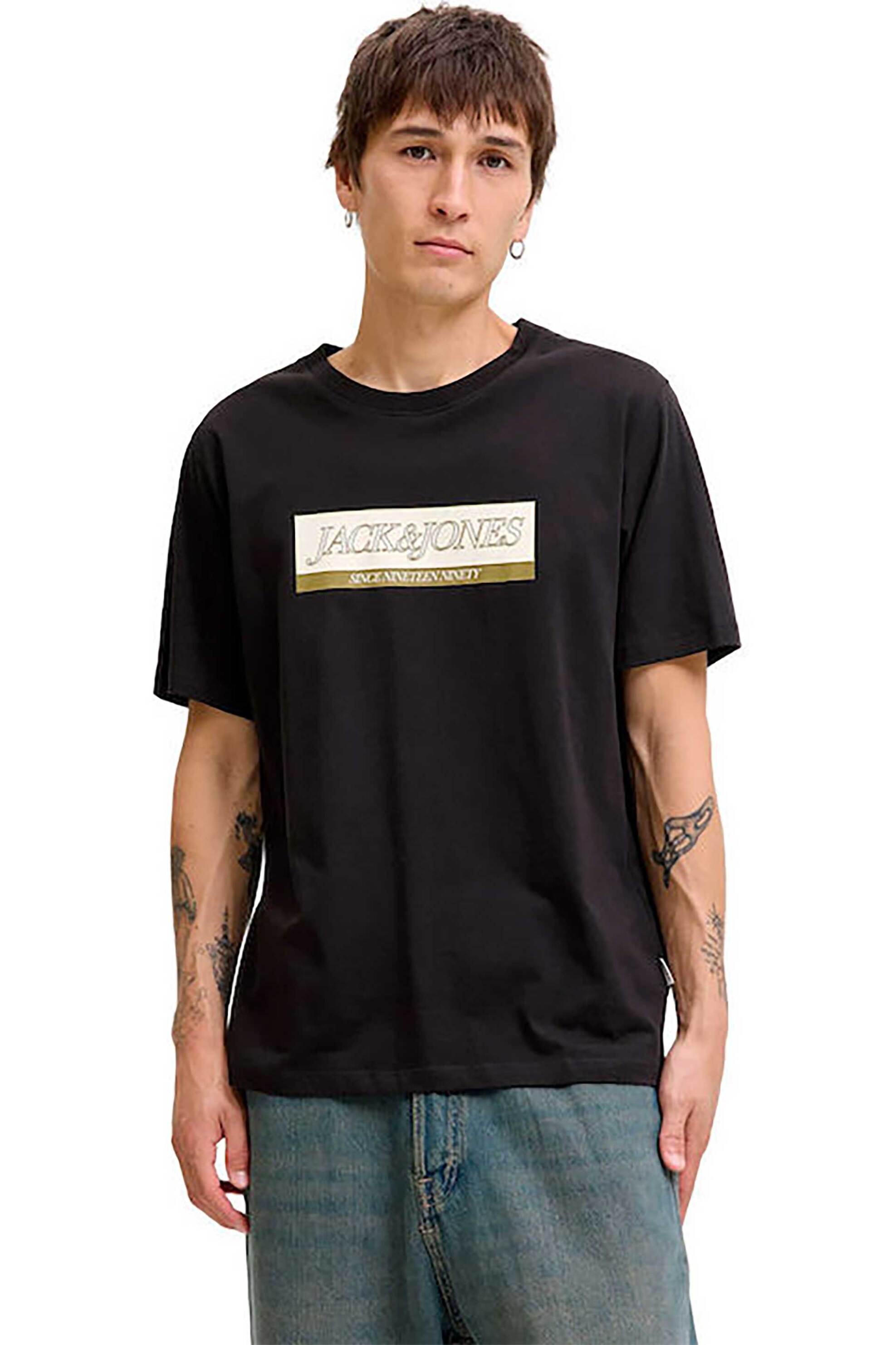 JACK & JONES ανδρικό T-shirt μονόχρωμο με logo print Regular Fit - 12283628 Μαύρο