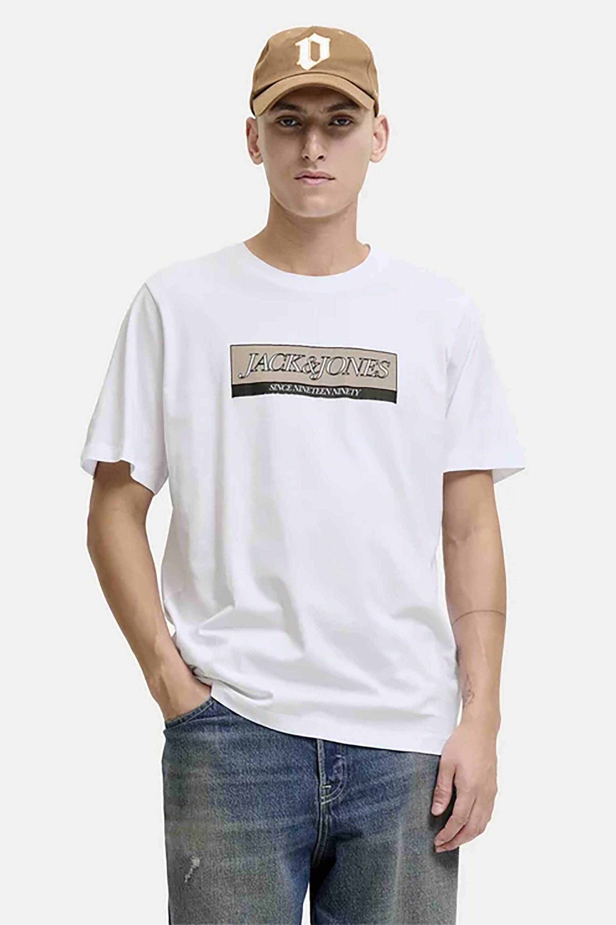 JACK & JONES ανδρικό T-shirt μονόχρωμο με logo print Regular Fit - 12283628 Λευκό
