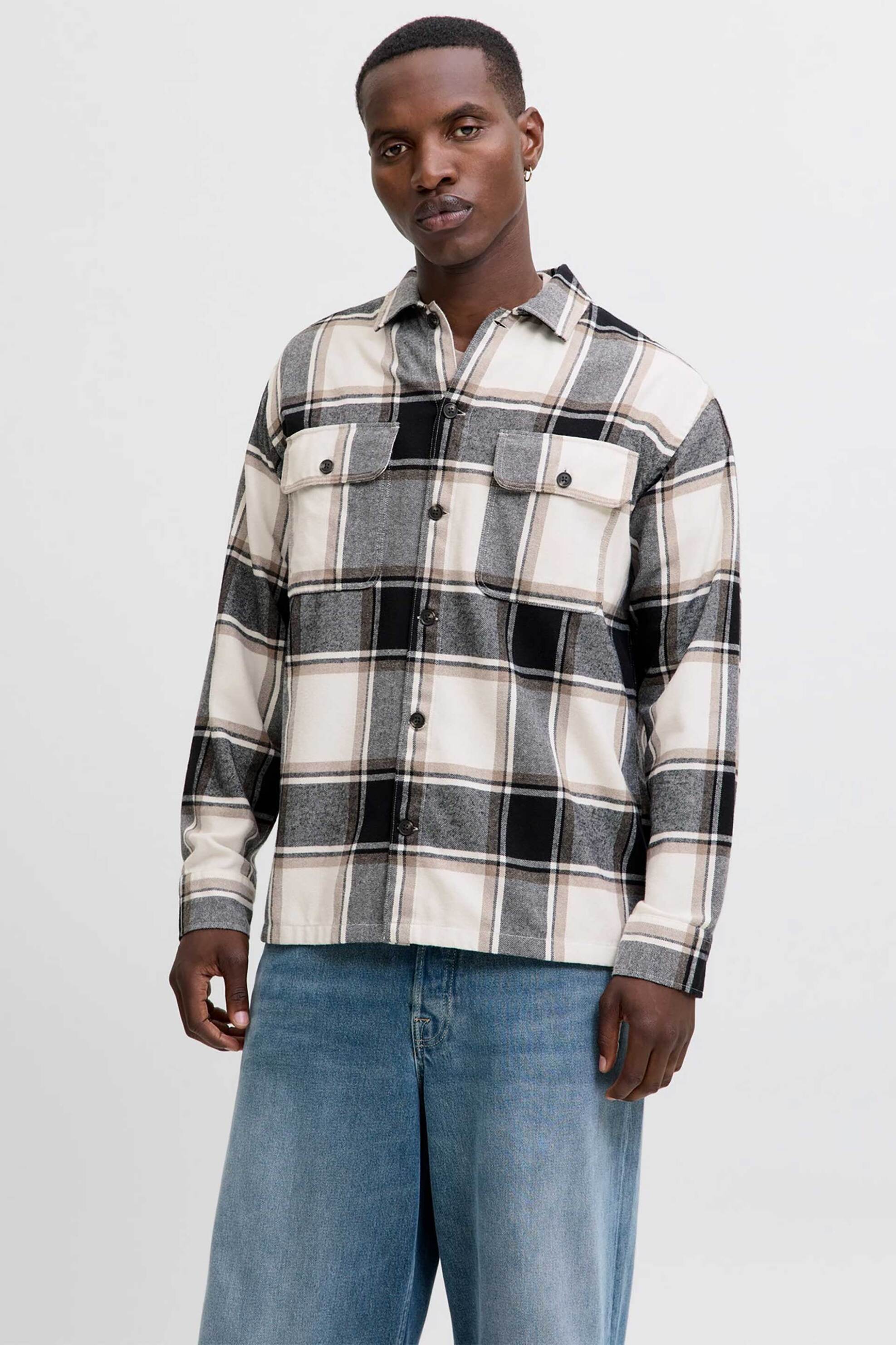 JACK & JONES ανδρικό overshirt με καρό σχέδιο Relaxed Fit - 12278969 Καμηλό