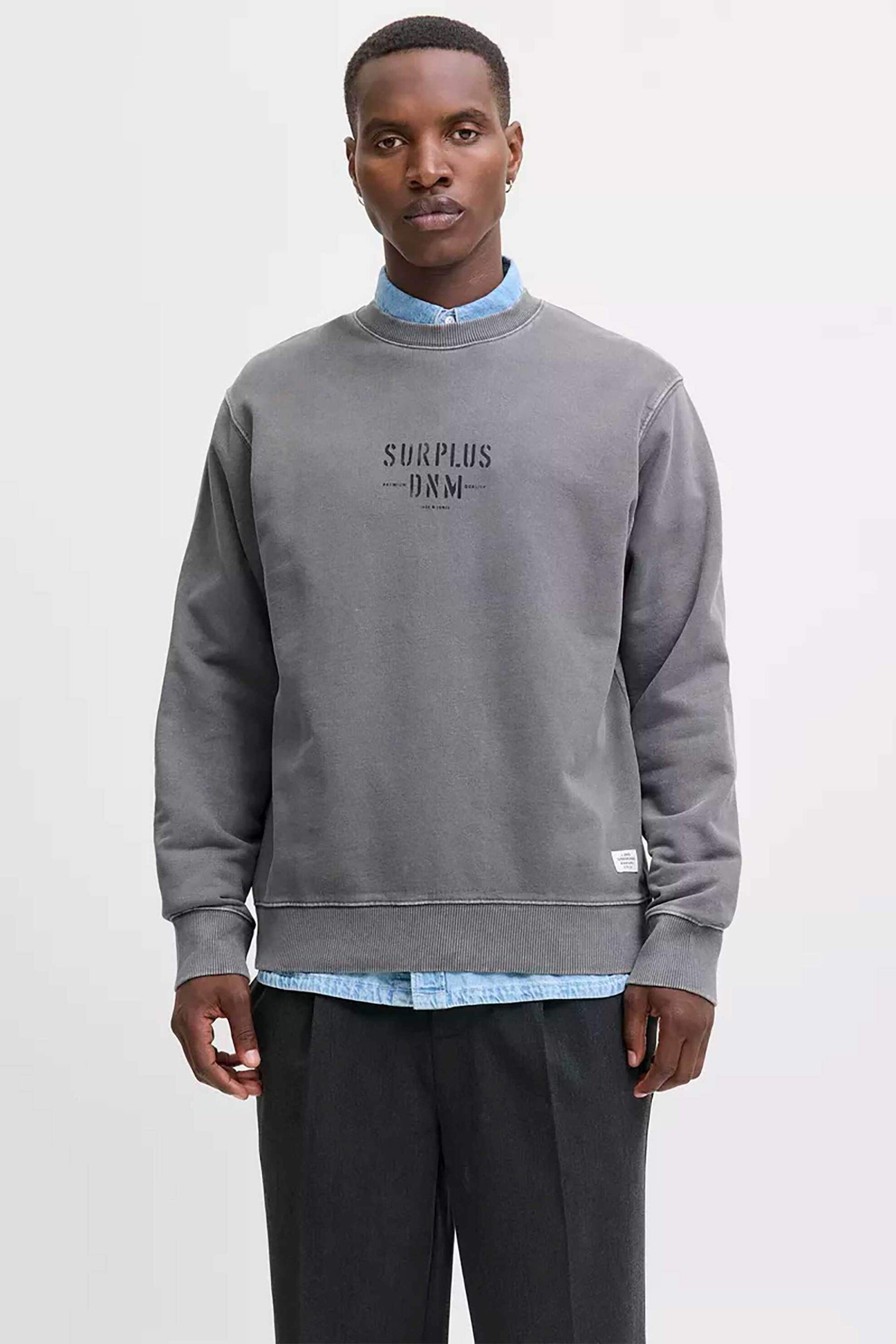 JACK & JONES ανδρική μπλούζα φούτερ με lettering - 12283642 Γκρι