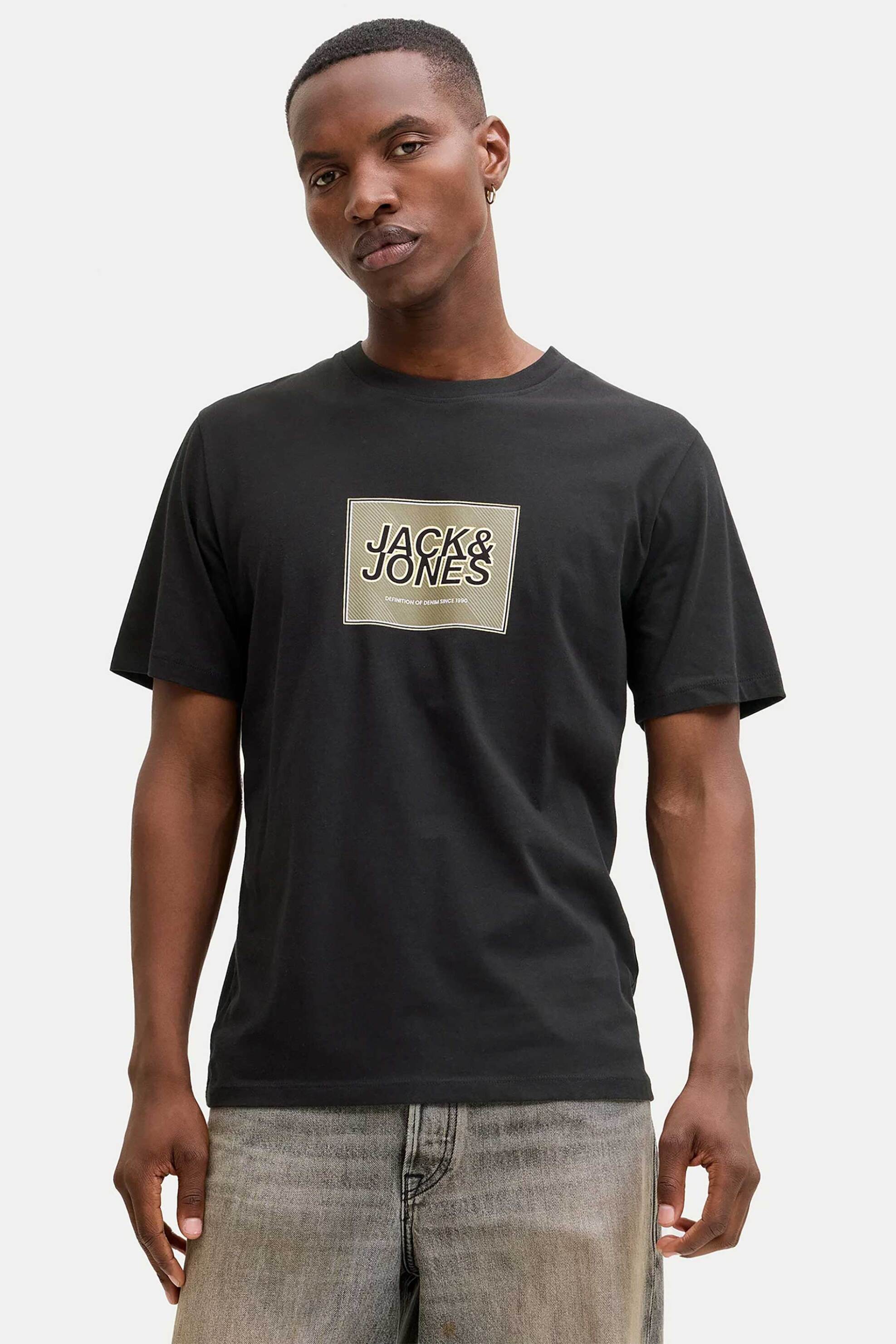 JACK & JONES ανδρικό T-shirt μονόχρωμο με logo print Regular Fit - 12288097 Μαύρο